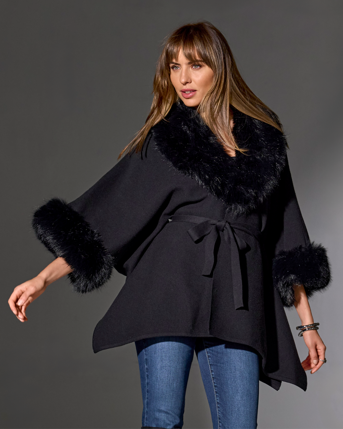 Faux Fur Tie Waist Poncho Proper Black