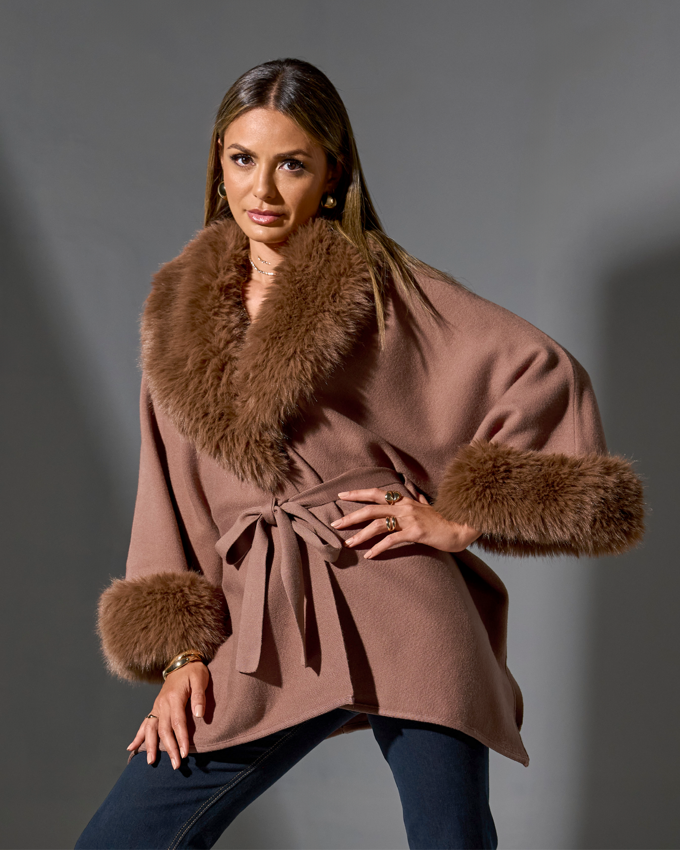 Faux Fur Tie Waist Poncho Toffee