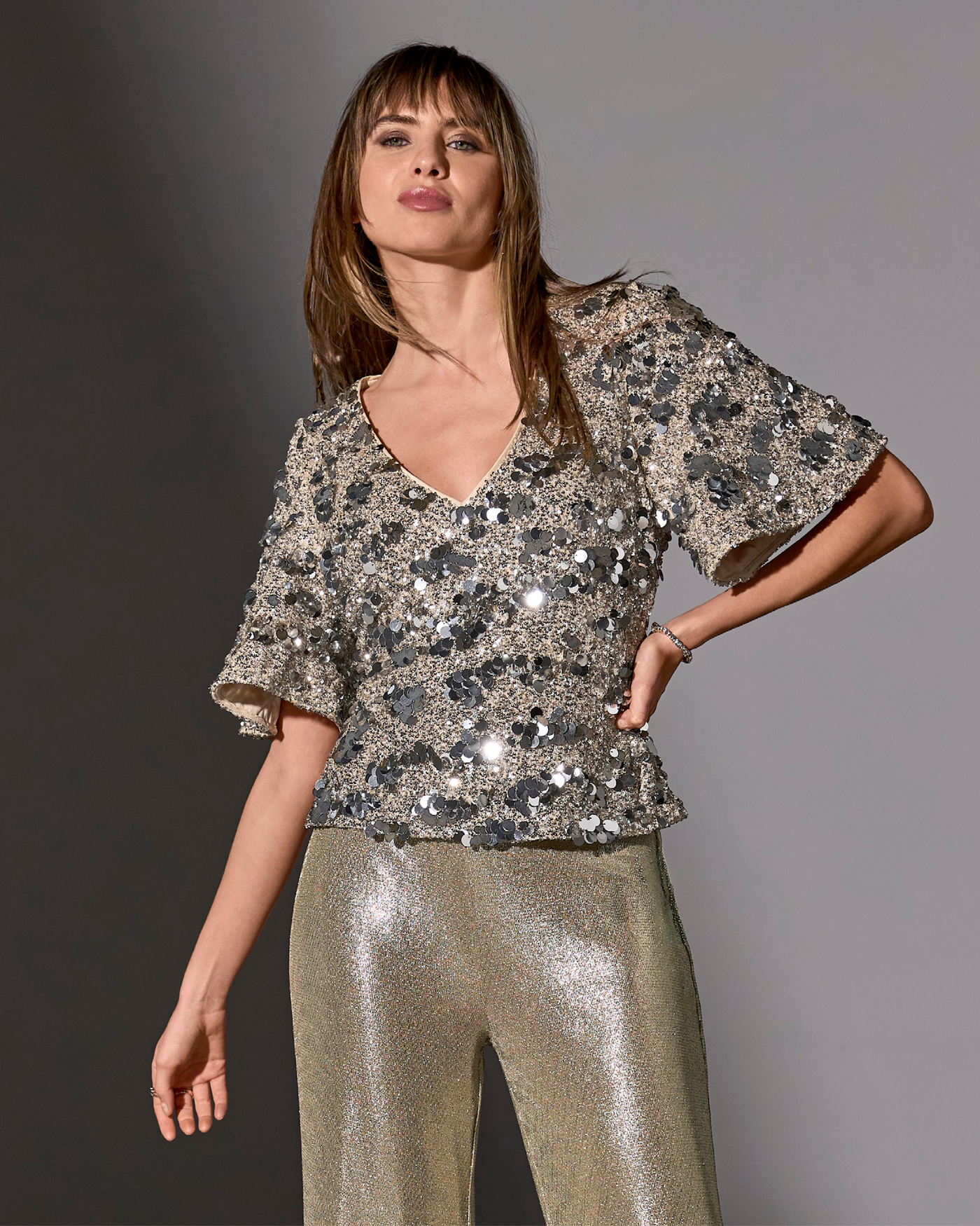 Sequin Paillette Knit Top White Silver