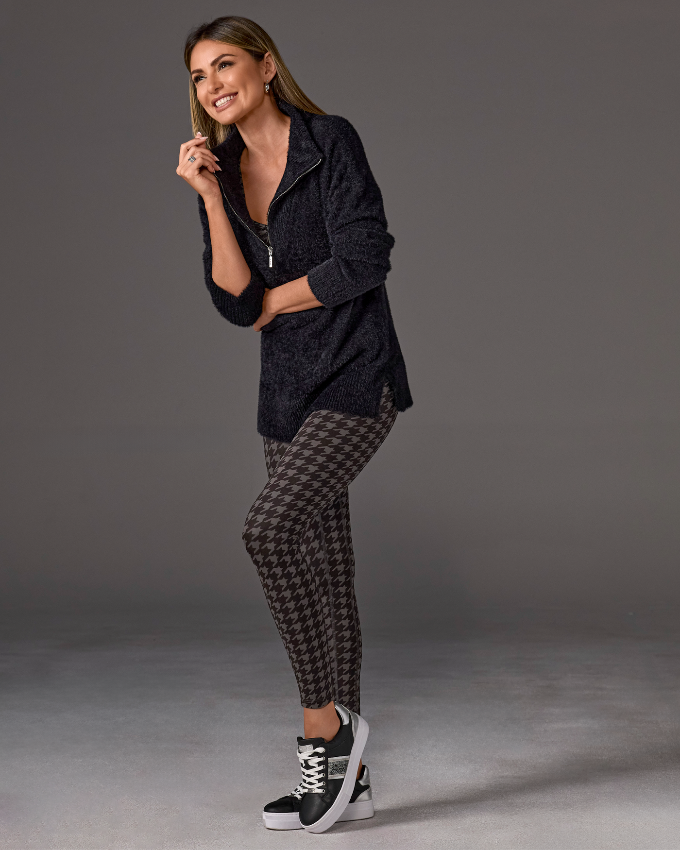 High Waisted Printed Sport Legging Graphite Houndstooth