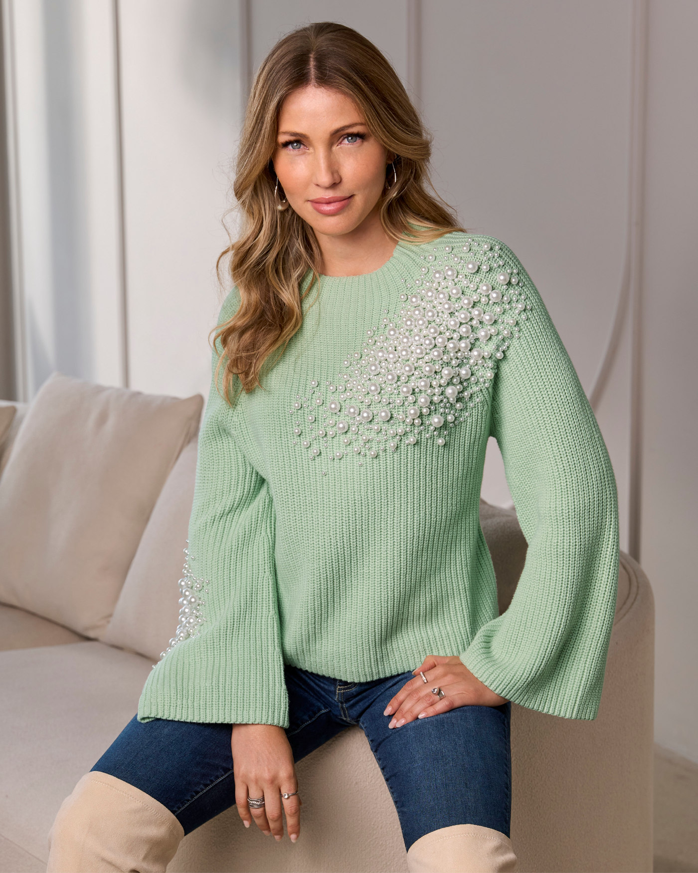 Pearl Embellished Flare Sleeve Sweater Surf Spray