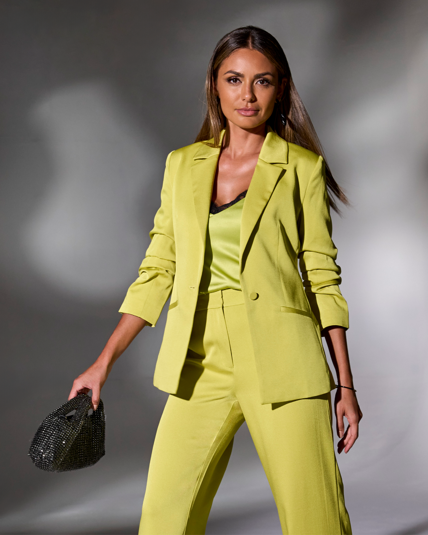Ruched Sleeve Matte Satin Single Button Blazer Citronelle
