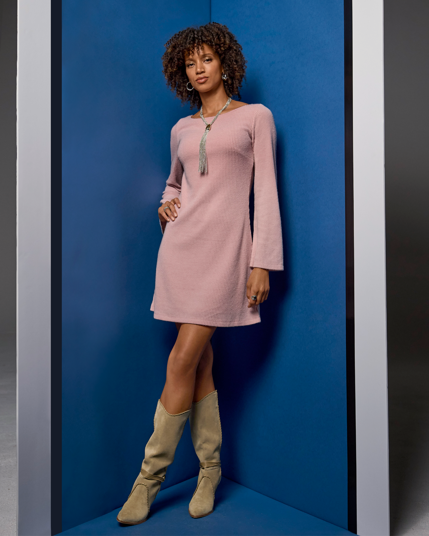 Ribbed Hacci Everyday A Line Dress Soft Pink