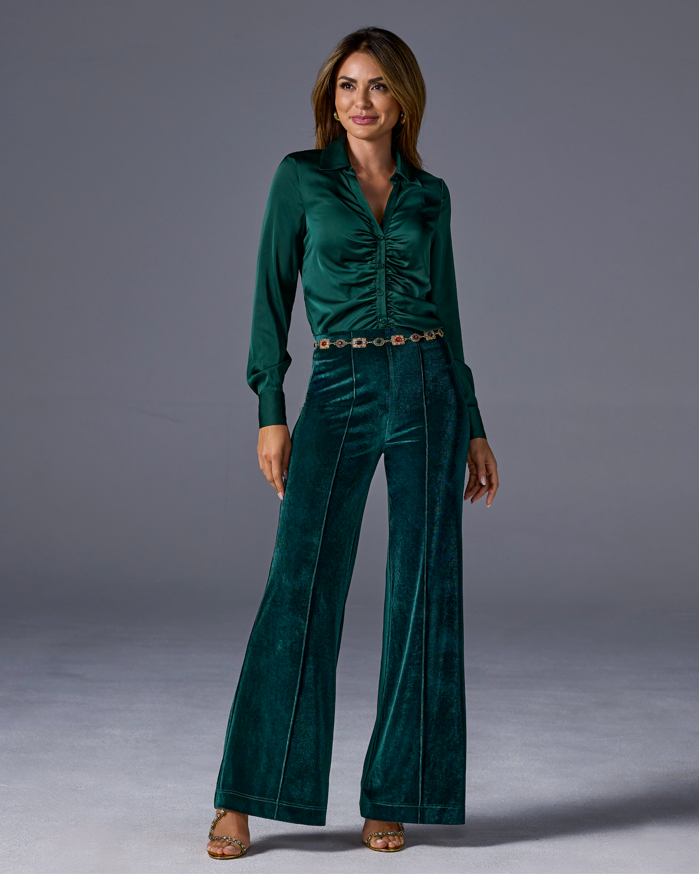 Pull-On Velvet Wide Leg Pant Emerald