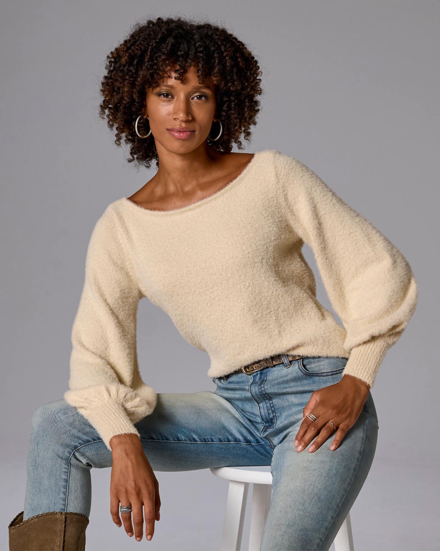 Plush Slouchy Balloon Sleeve Sweater Sandshell
