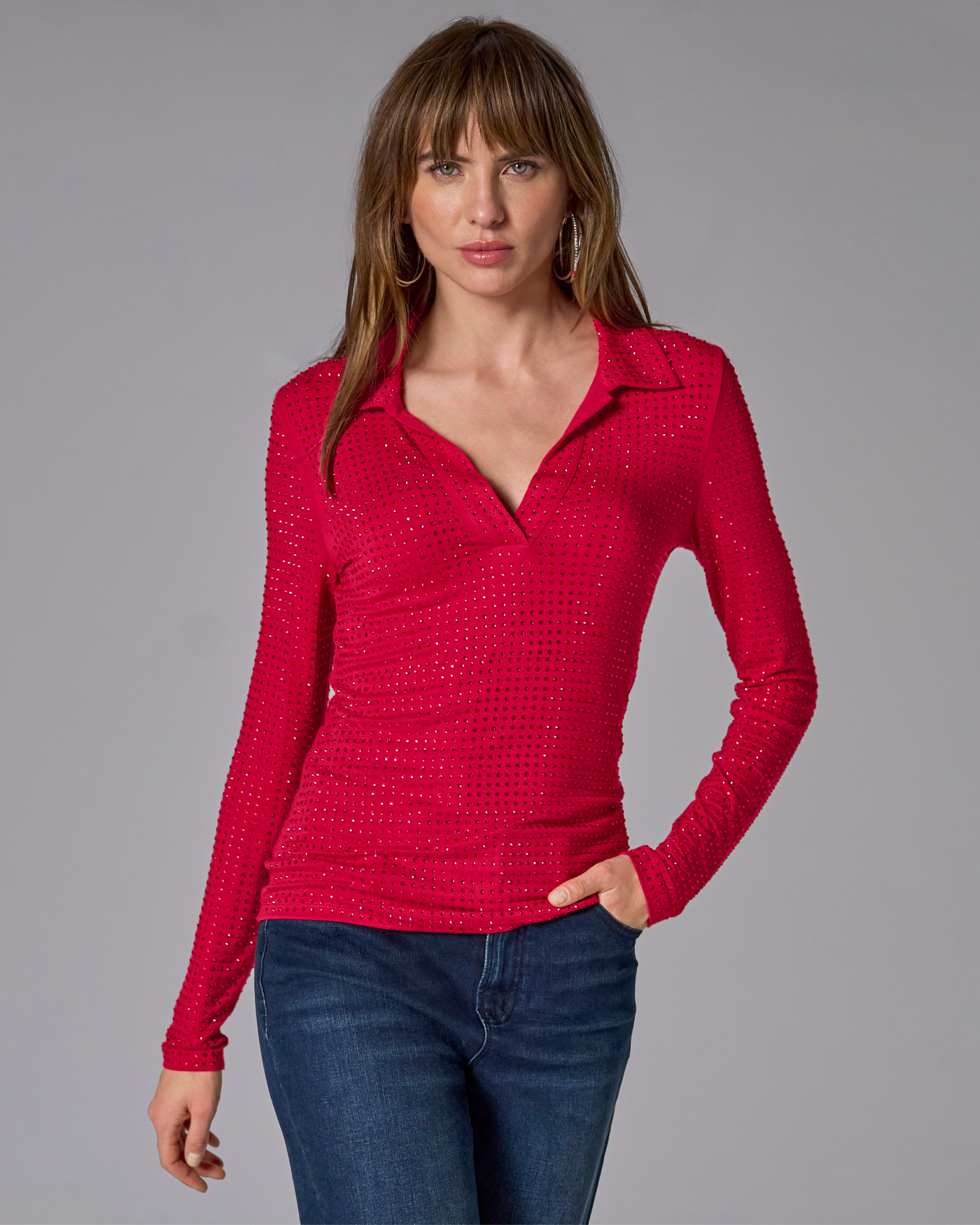 All Over Rhinestone Collared Top Lipstick Red