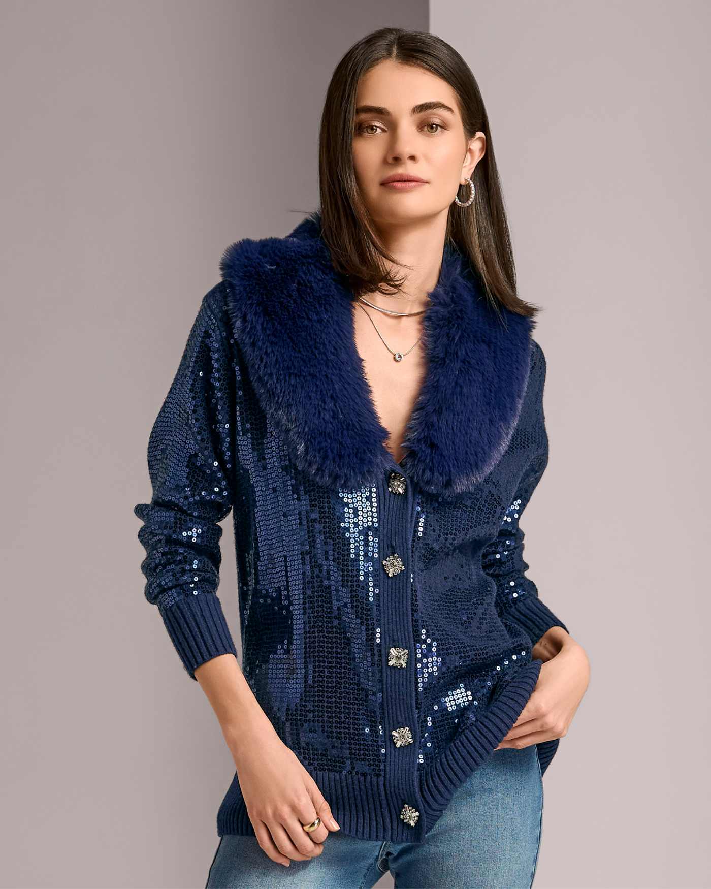 Sequin Embellished Faux Fur Collar Cardigan Navy