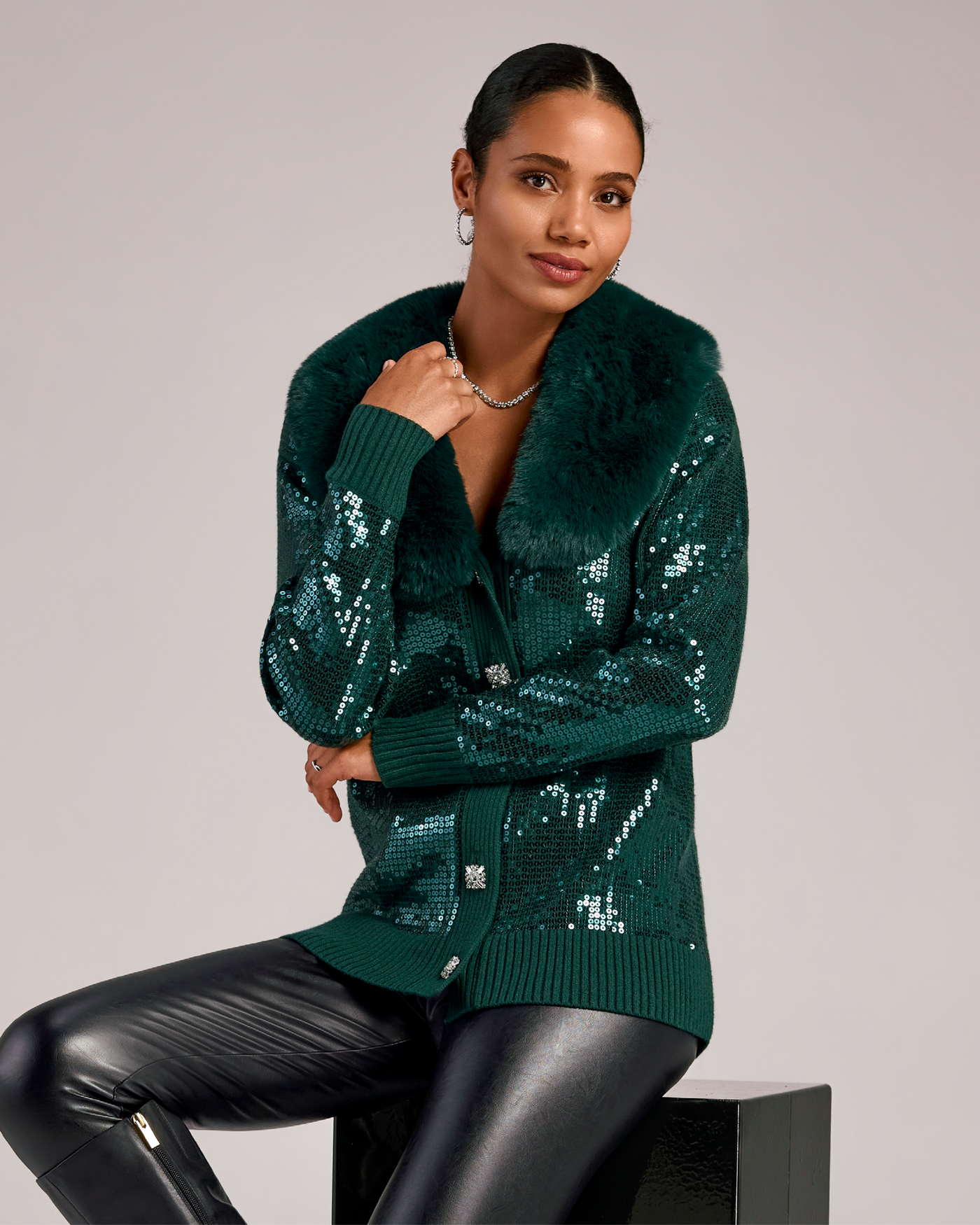Sequin Embellished Faux Fur Collar Cardigan Deep Emerald