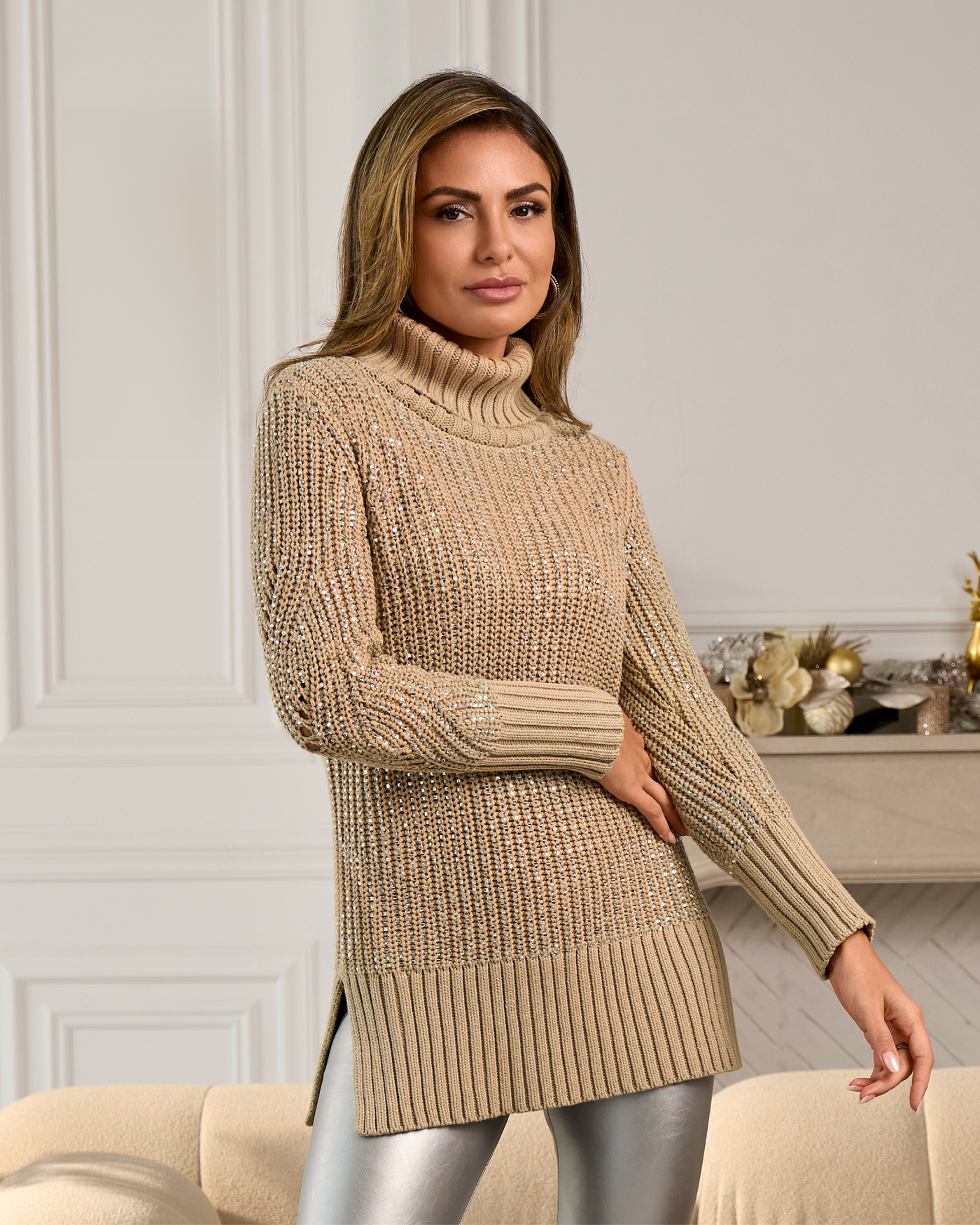Embellished Turtleneck Sweater Sesame