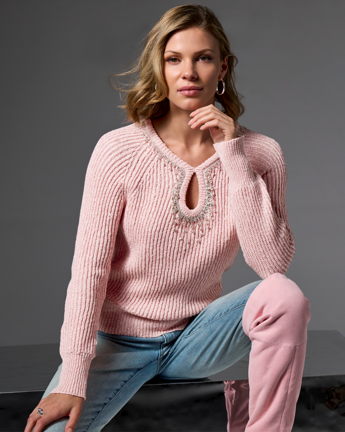 Keyhole Trim Embellished Sweater Bridal Rose