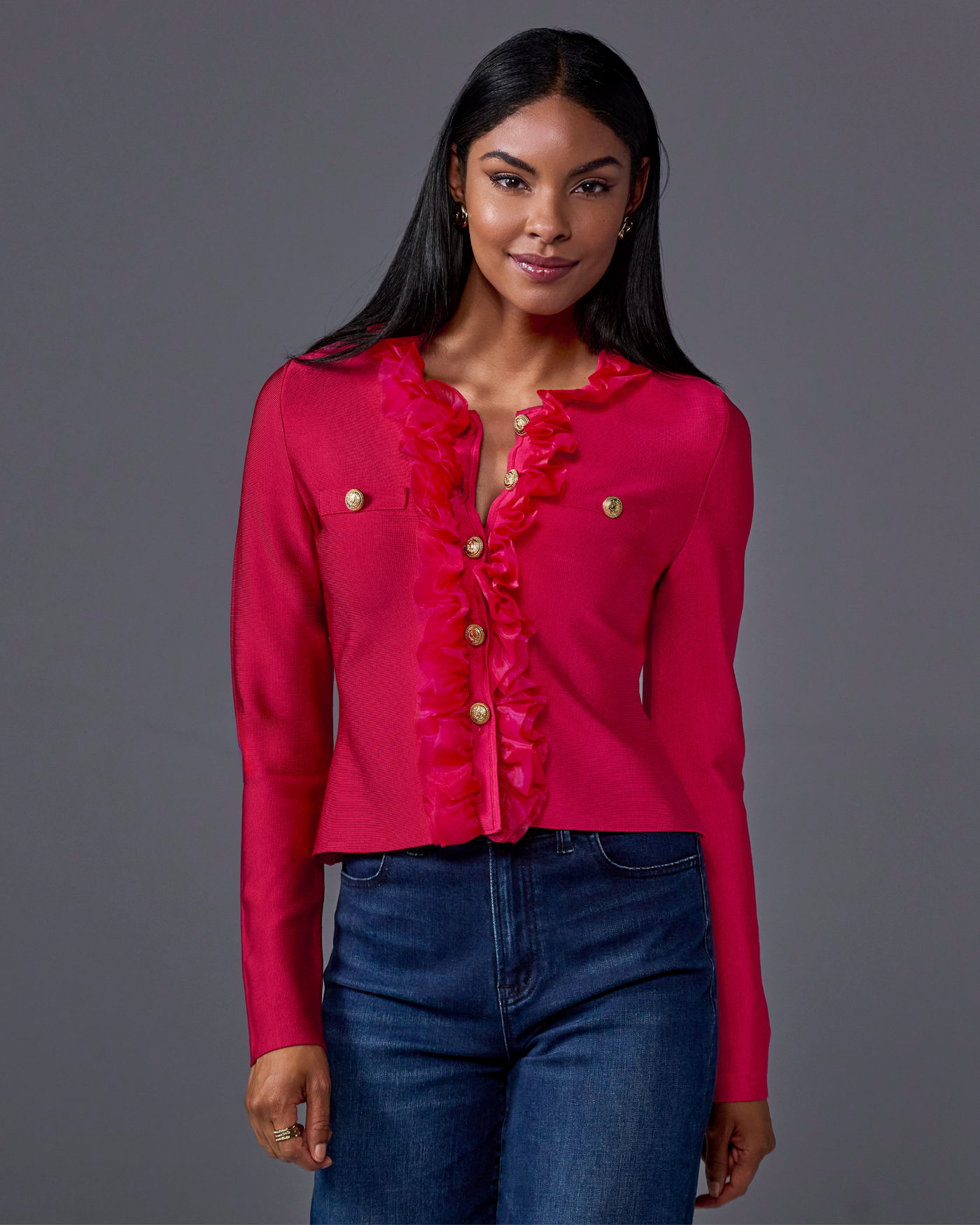Ruffle Trim Bandage Cardigan Jester Red