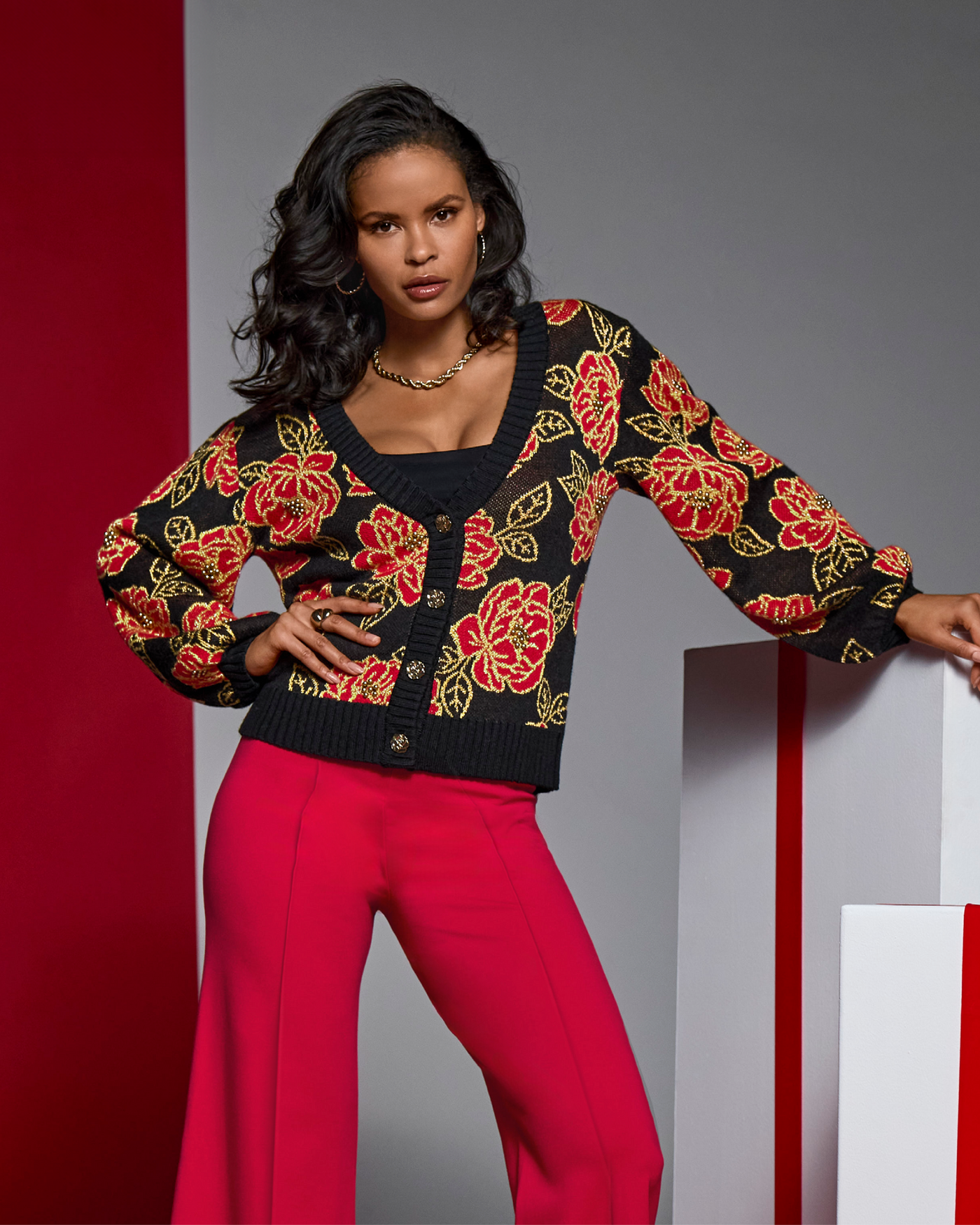 Floral Printed Button Up Cardigan Intarsia Rose