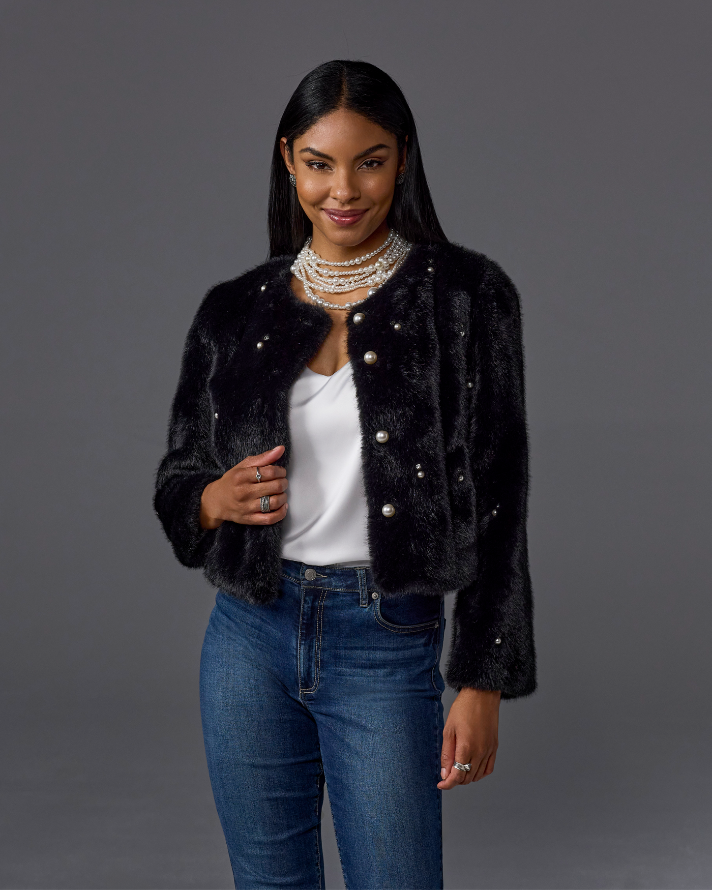 Pearl Embellished Faux Fur Collarless Chubby Black