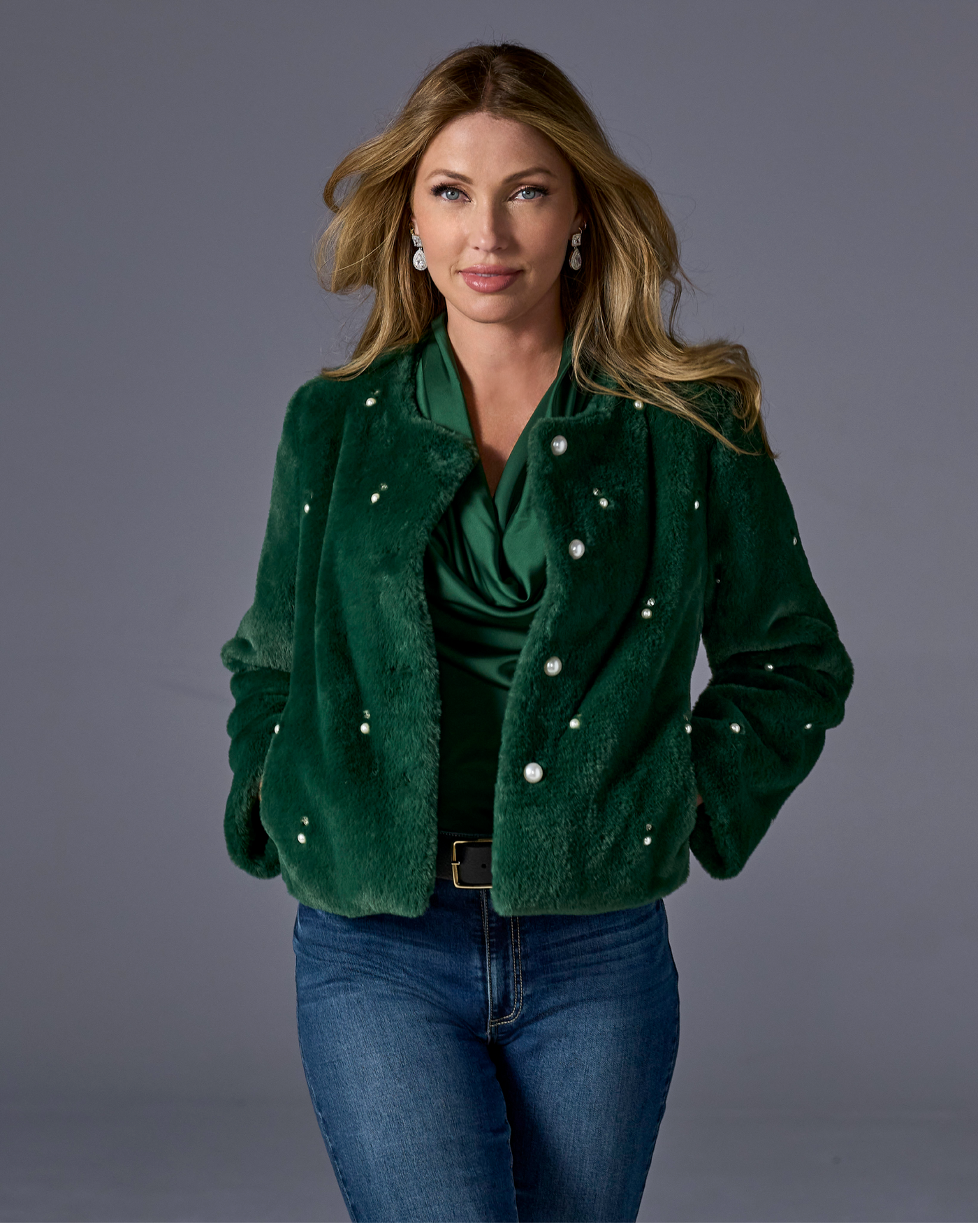 Pearl Embellished Faux Fur Collarless Chubby Emerald