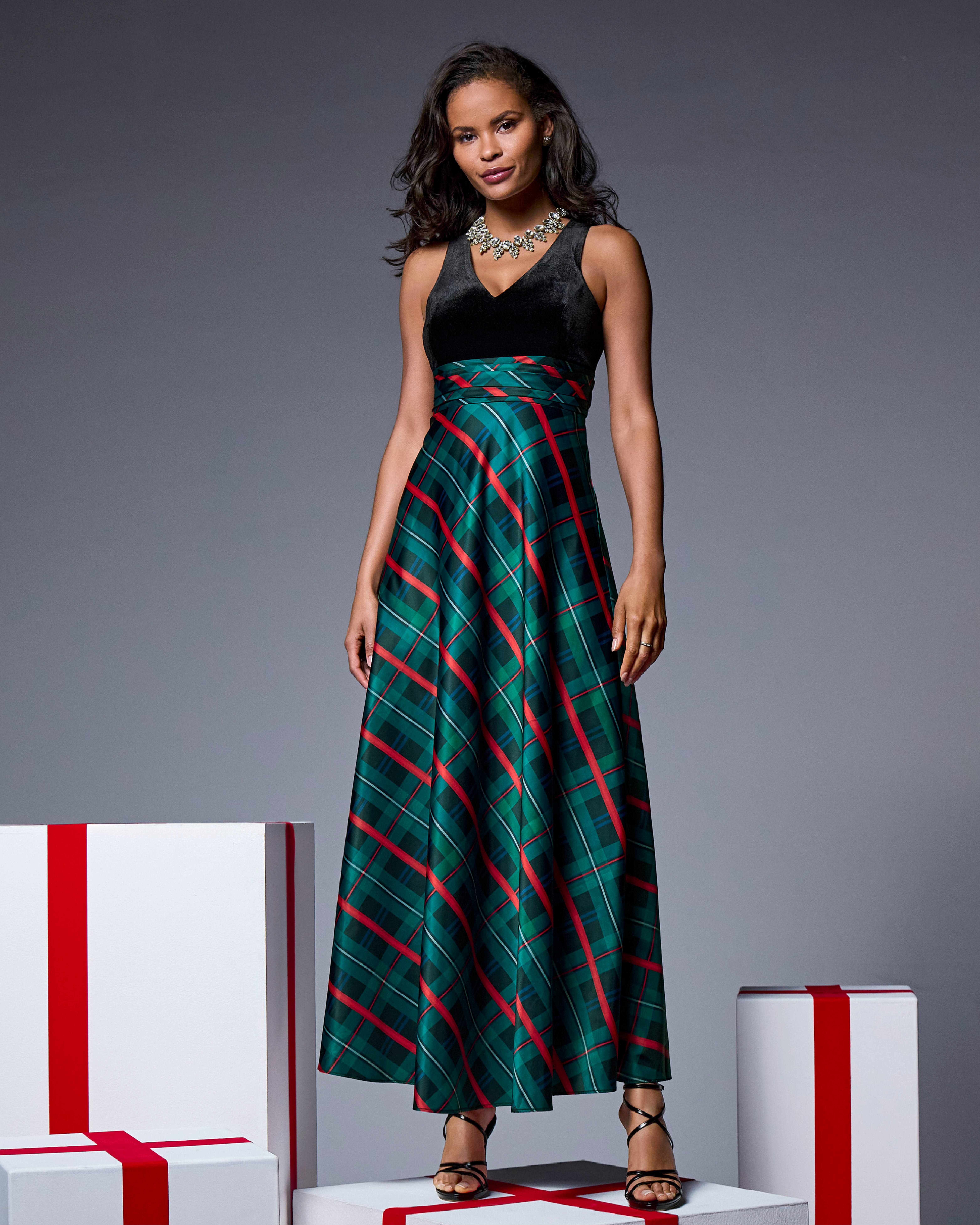 Velvet Bodice Plaid Gown - 8