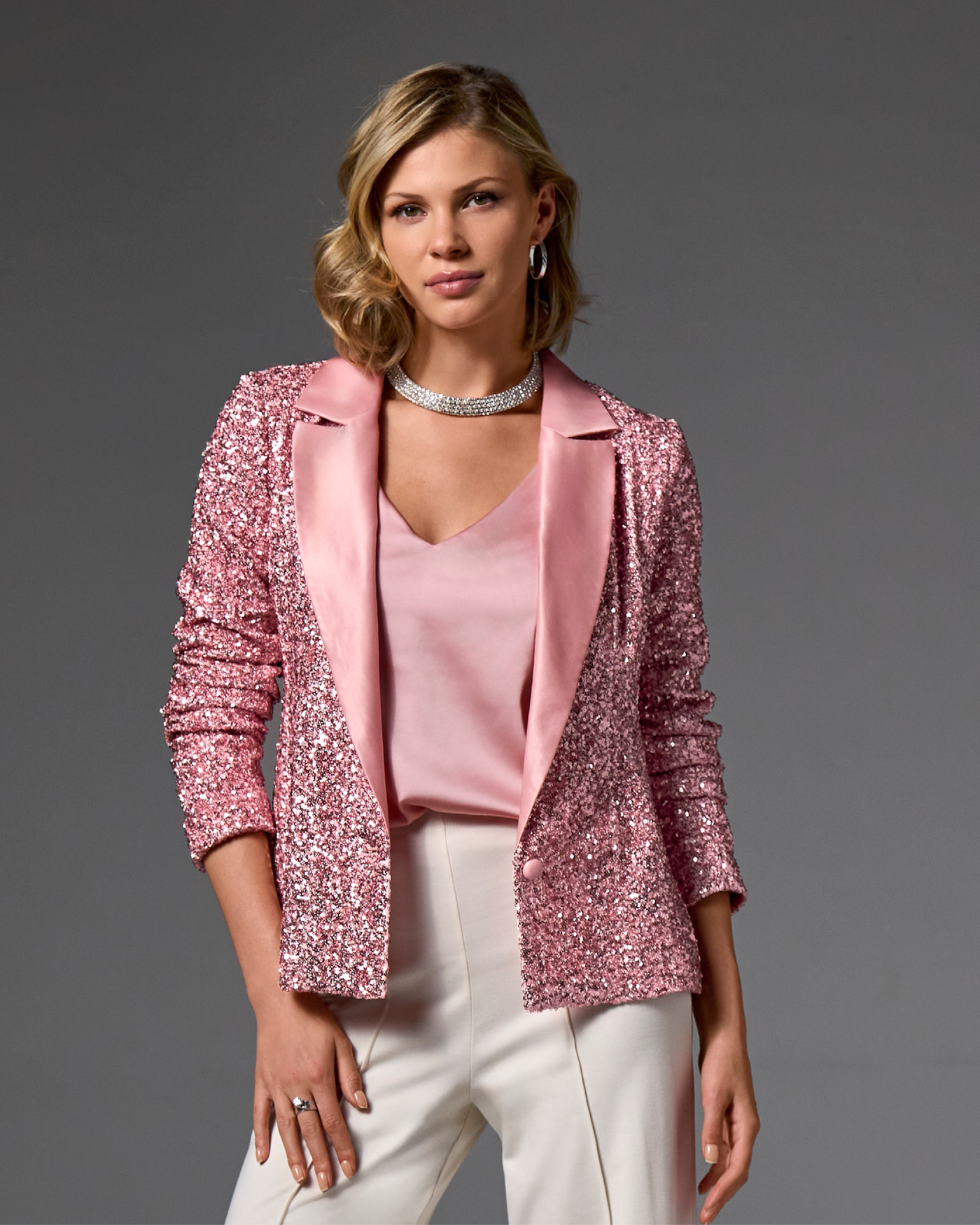 Satin Collar Ruched Sleeve Sequin Blazer Coral Blush