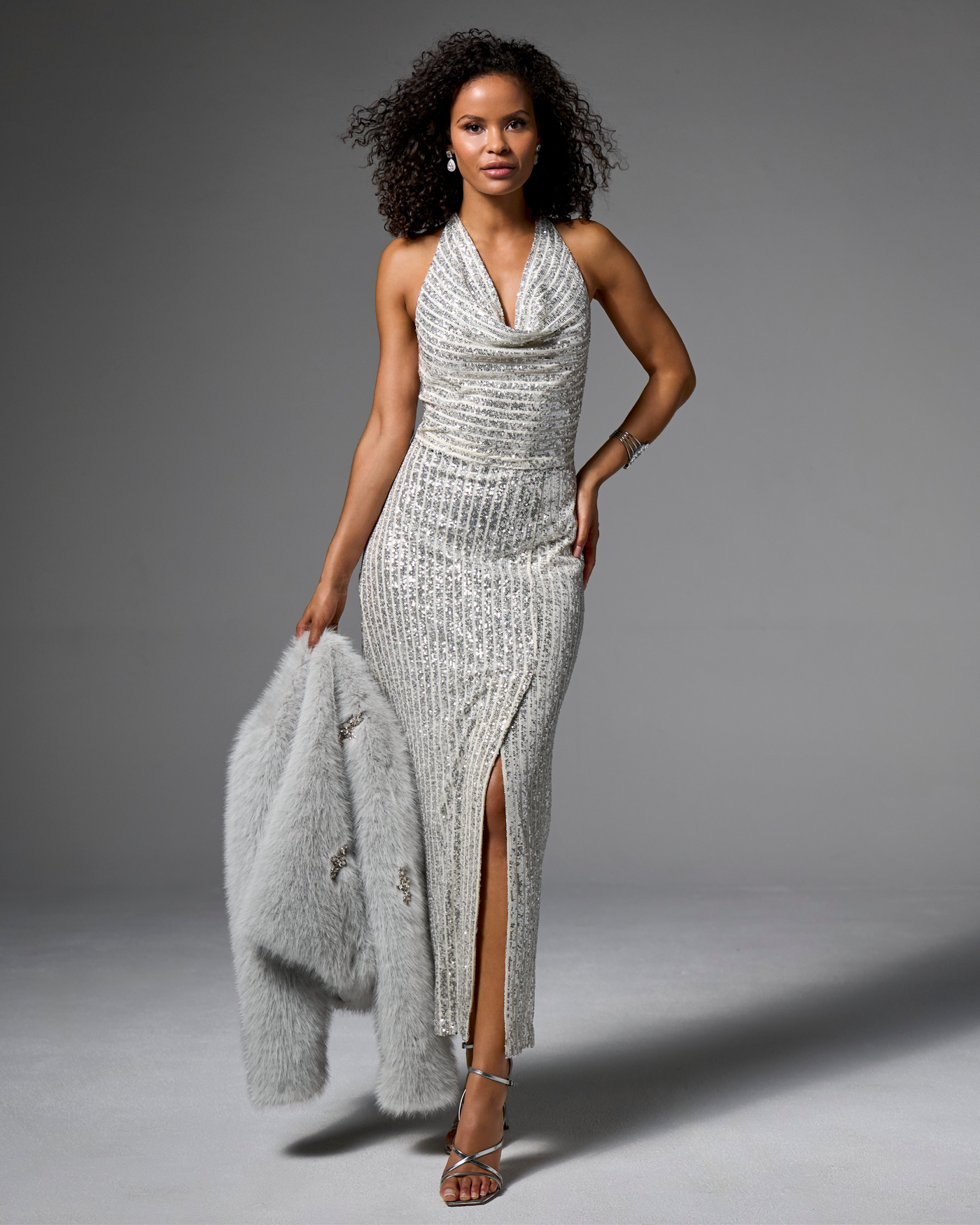 Sequin Rib Cowl Neck Slit Gown Silver