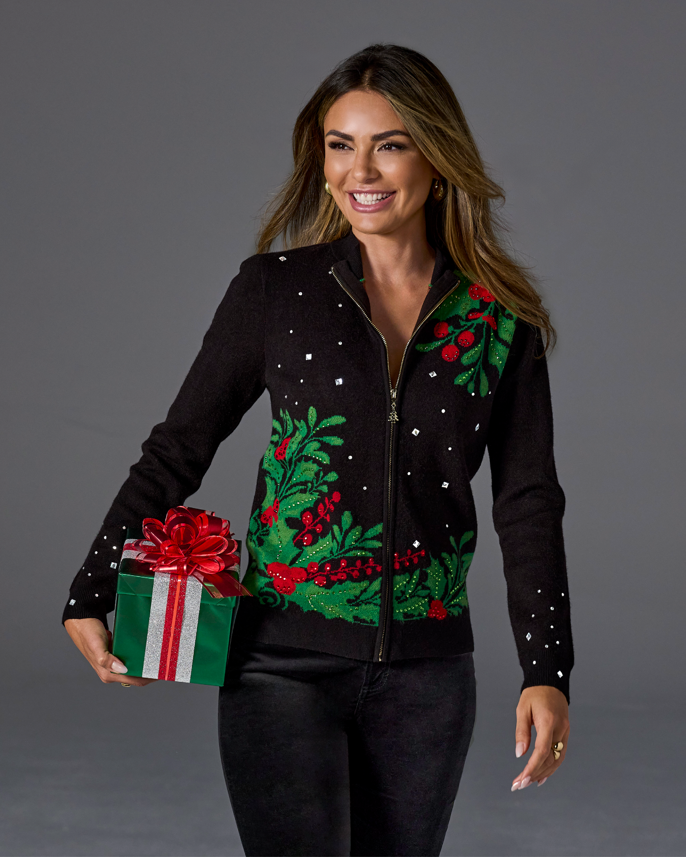 Embellished Mistletoe Zip Up Cardigan Black Multi