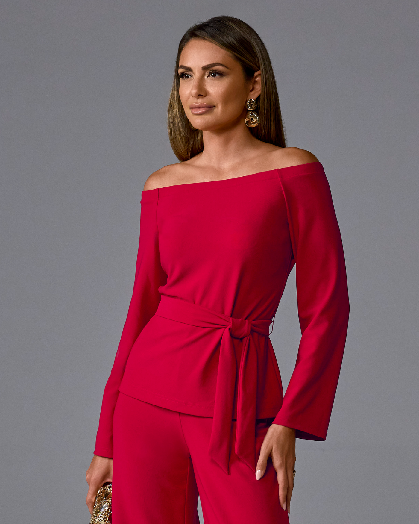 Beyond Travel Belted Off The Shoulder Top Tango Red