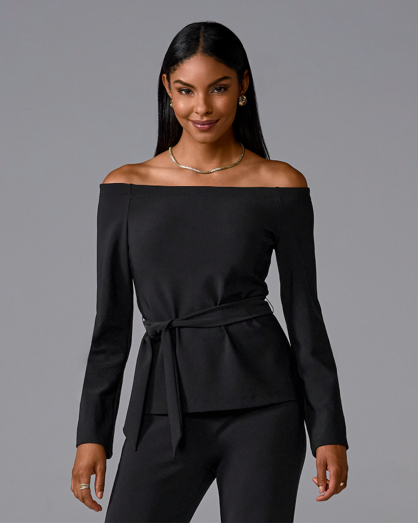 Beyond Travel Belted Off The Shoulder Top Jet Black