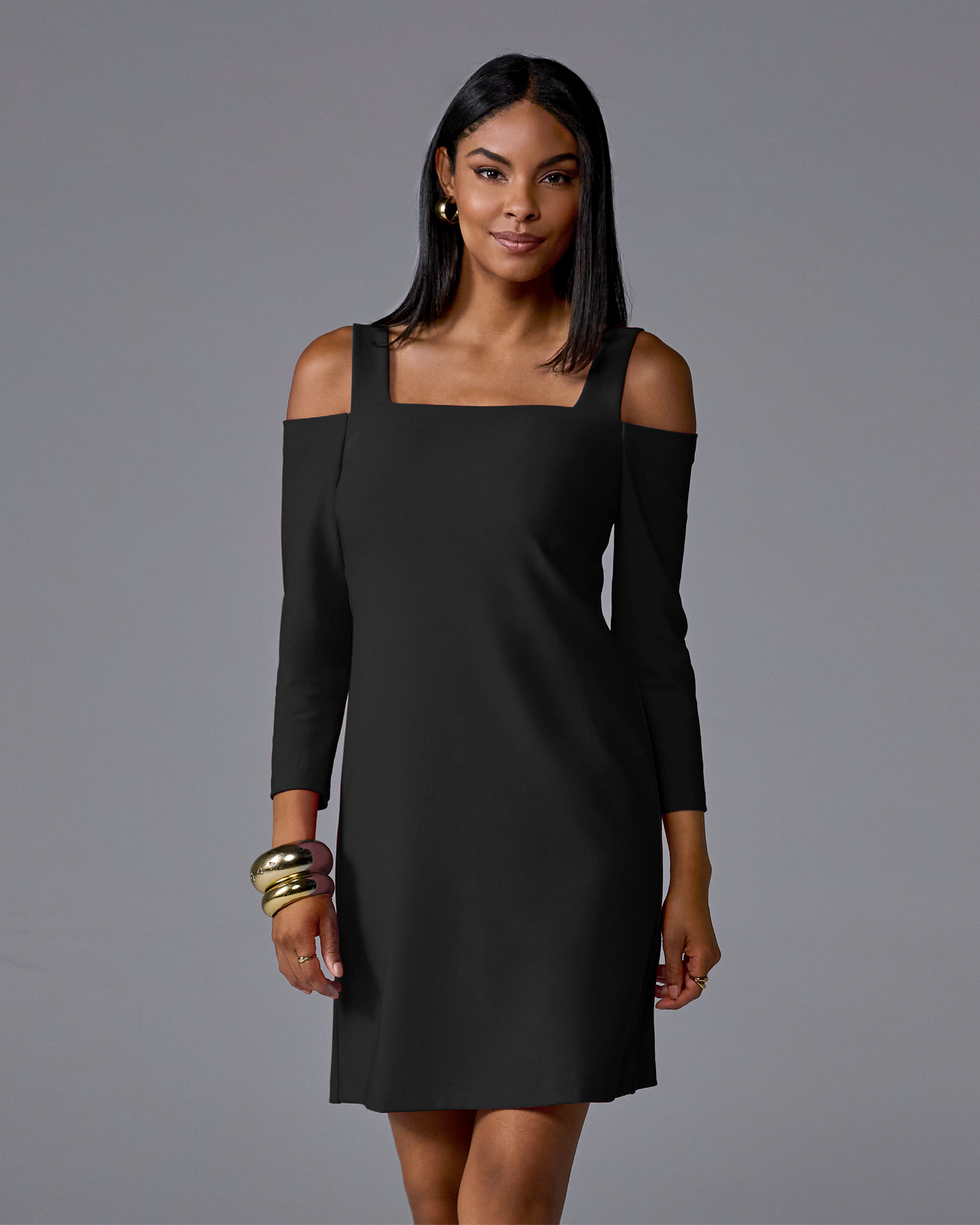 Beyond Travel Cold Shoulder Three Quarter Sleeve Dress Jet Black