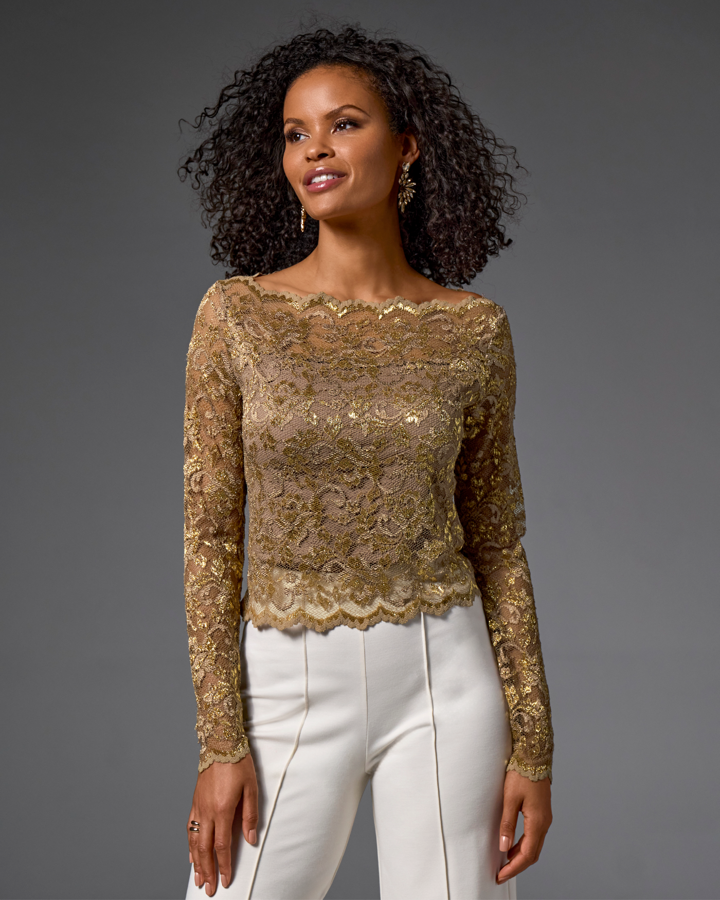 Metallic Lace Shoulder Skimming Knit Top Gold