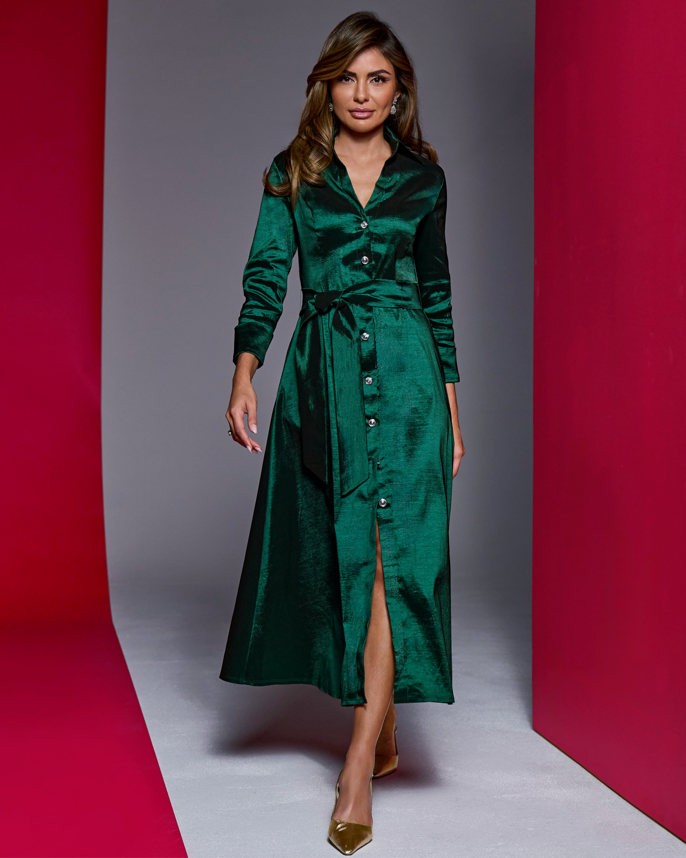 Taffeta Three Quarter Sleeve Button Up Shirt Dress Emerald