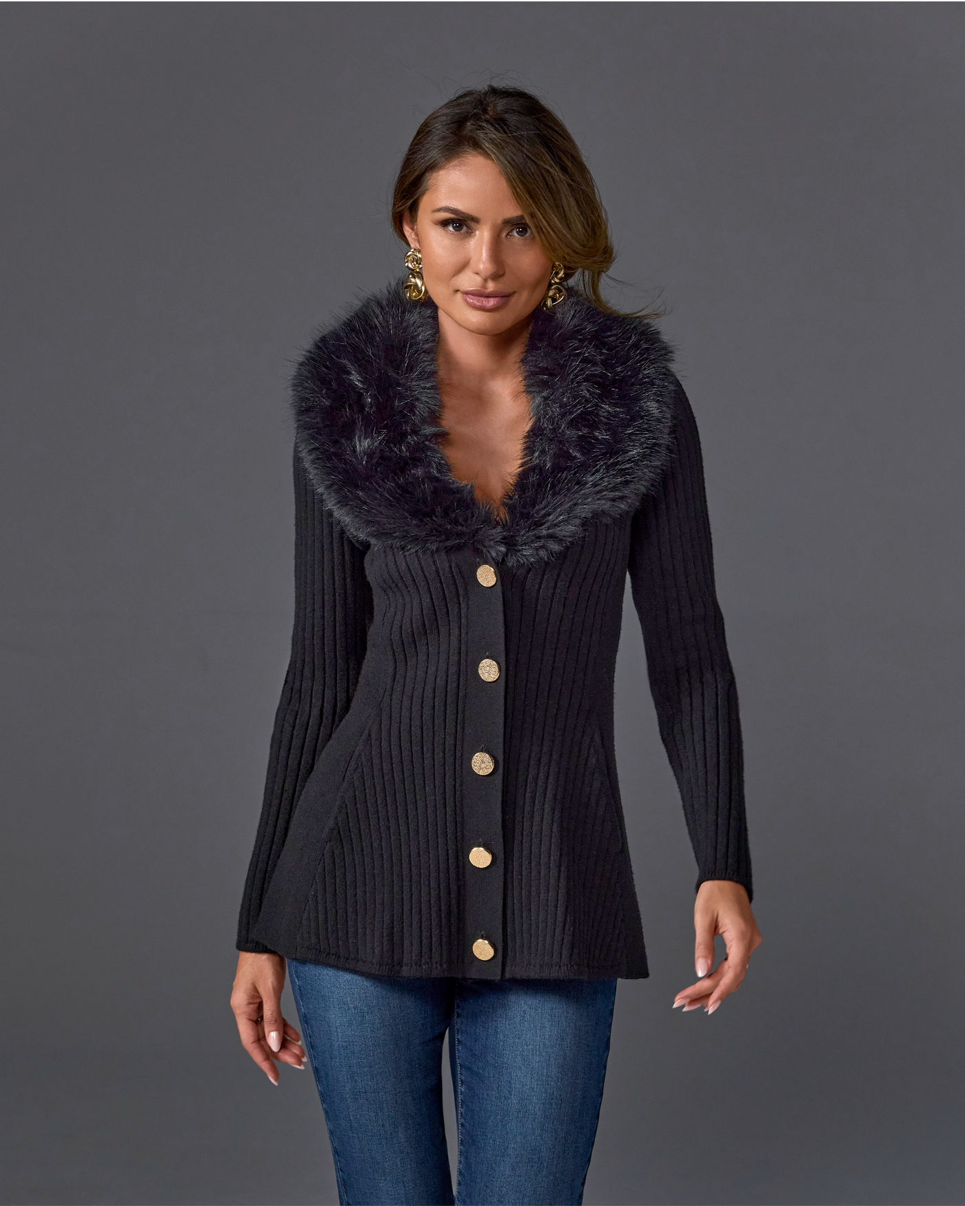 Faux Fur Trim Button Up A-Line Cardigan Proper Black