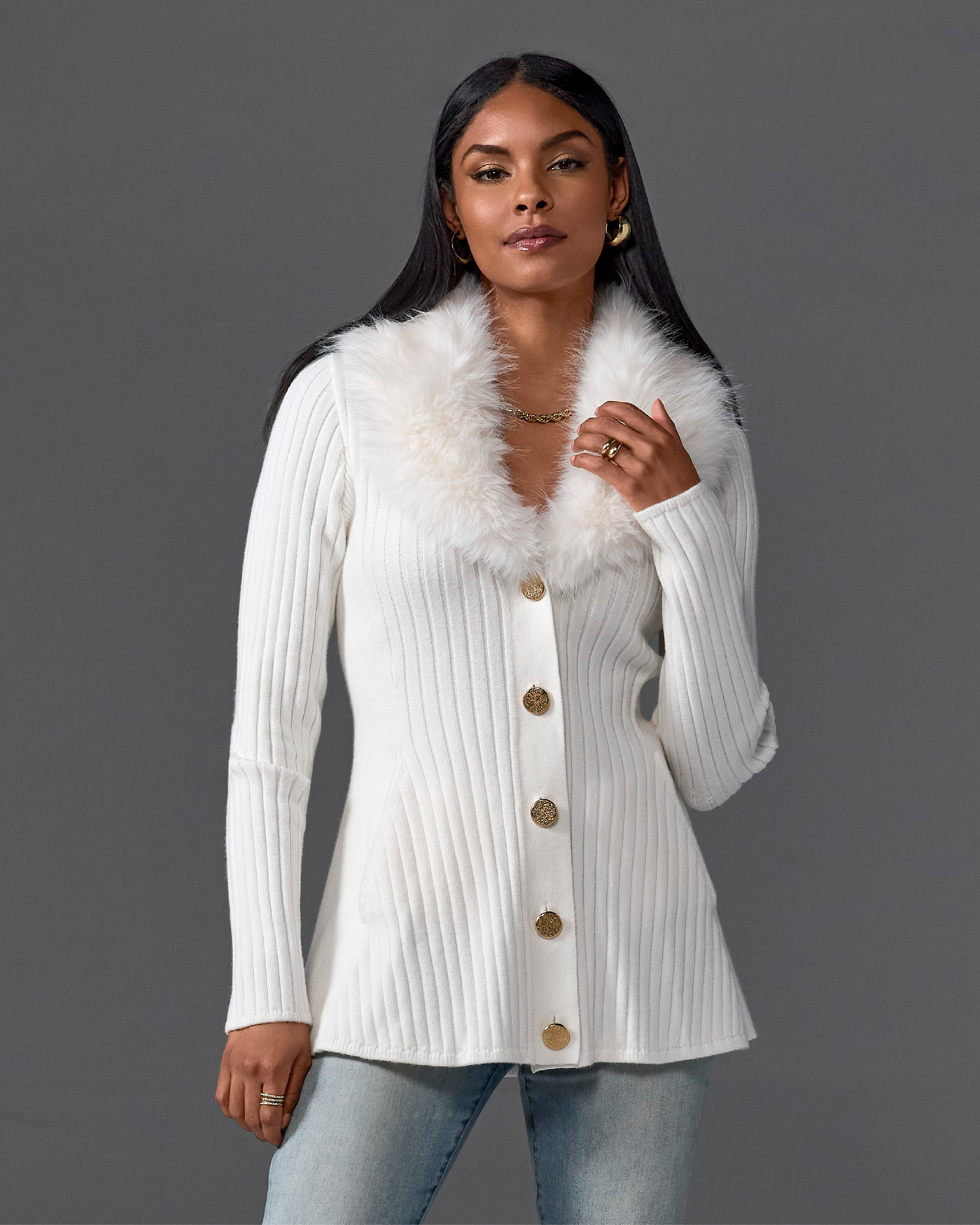Faux Fur Trim Button Up A-Line Cardigan Off White
