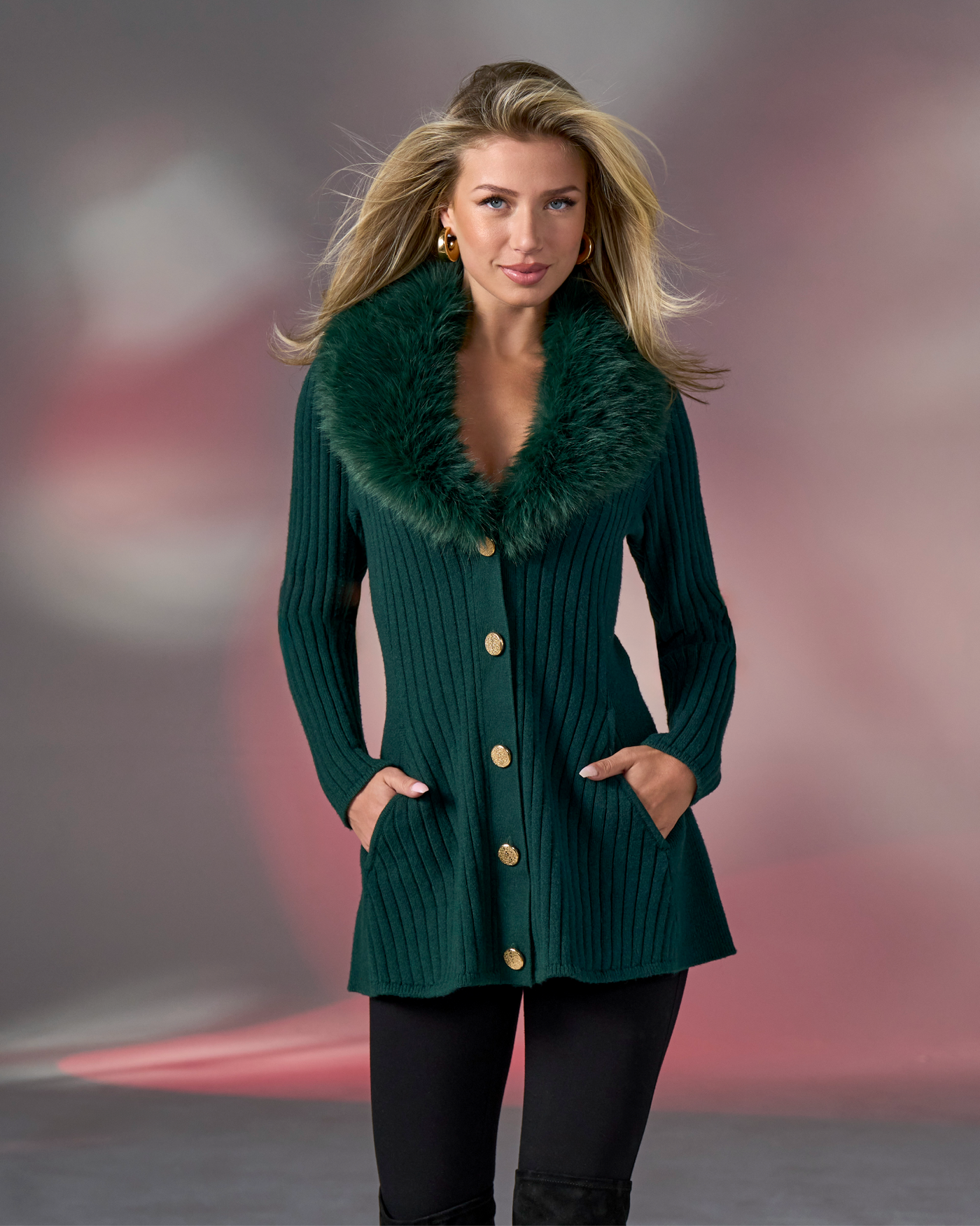 Faux Fur Trim Button Up A-Line Cardigan Emerald