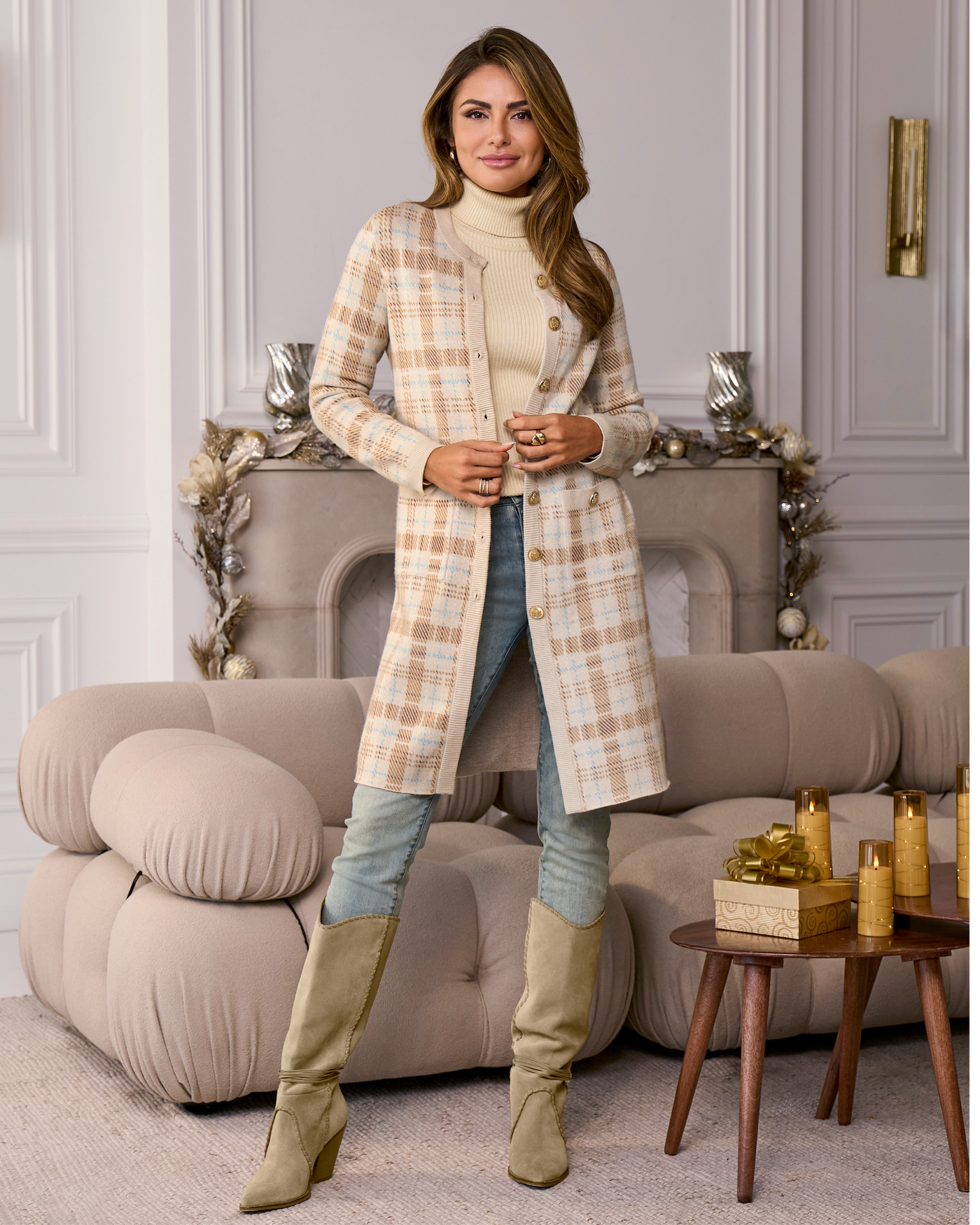 Plaid Crested Button Sweater Duster Cozy Plaid