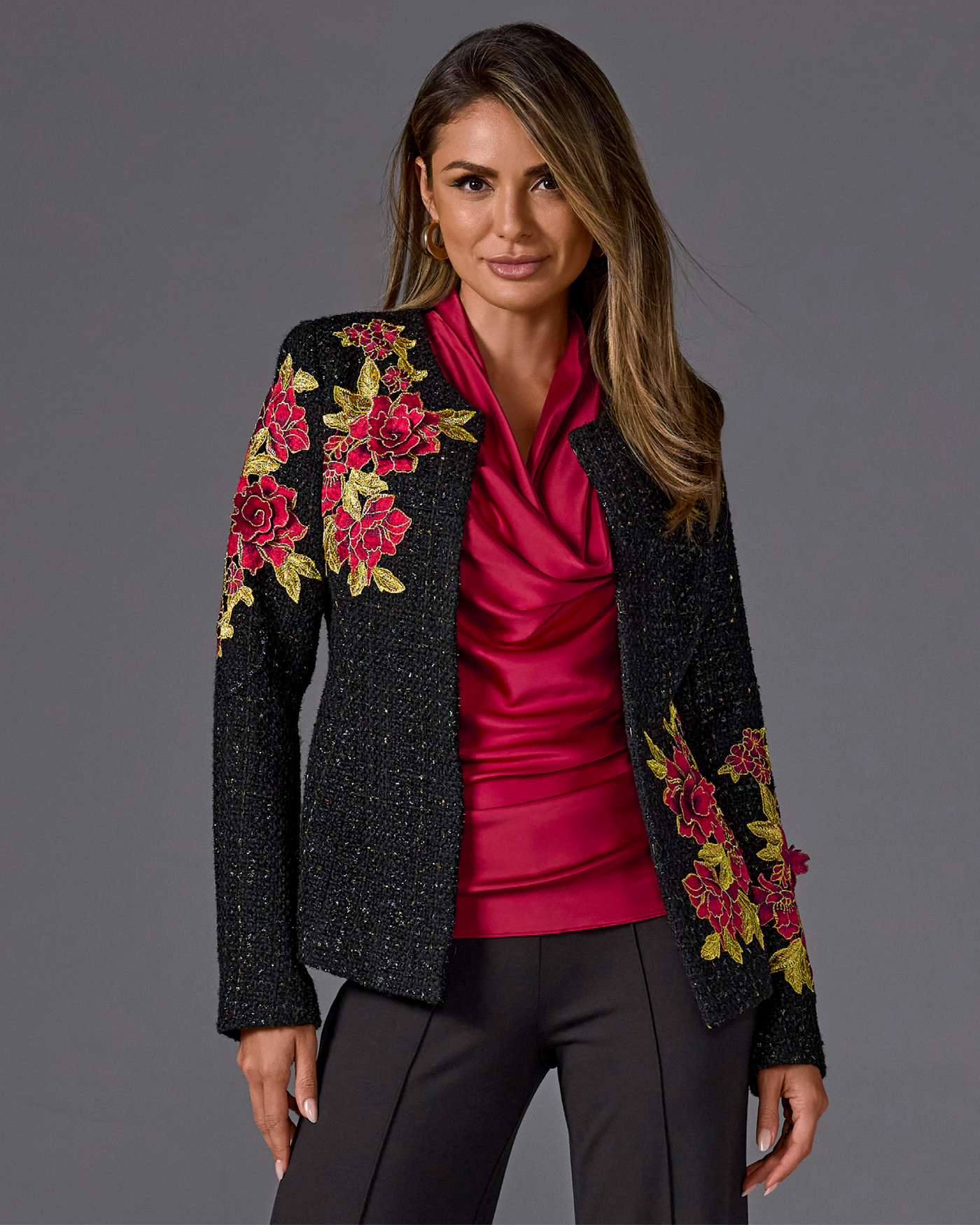Rose Embroidered Tweed Lady Jacket Black Multi