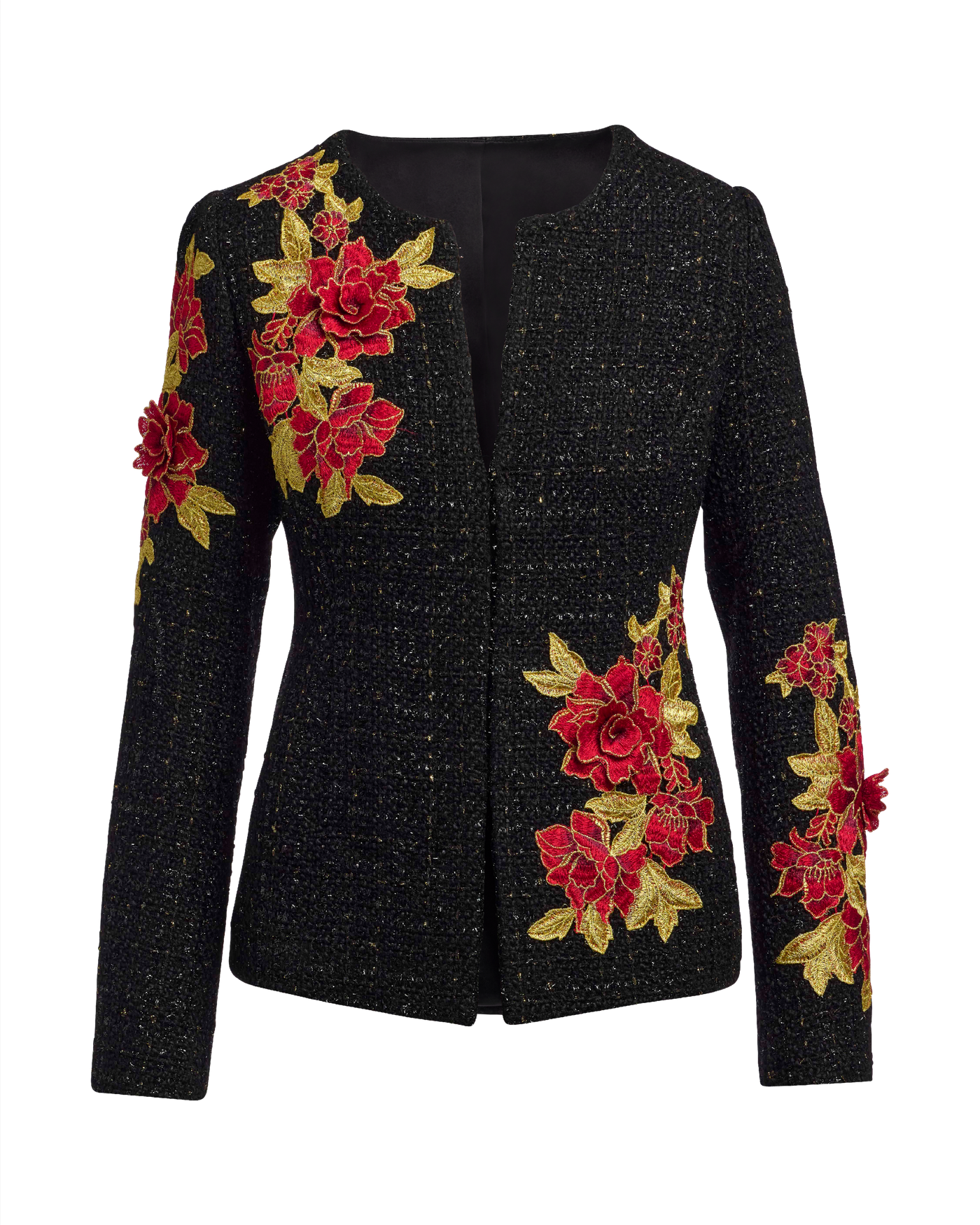Rose Embroidered Tweed Lady Jacket - Black Multicolor – Boston Proper