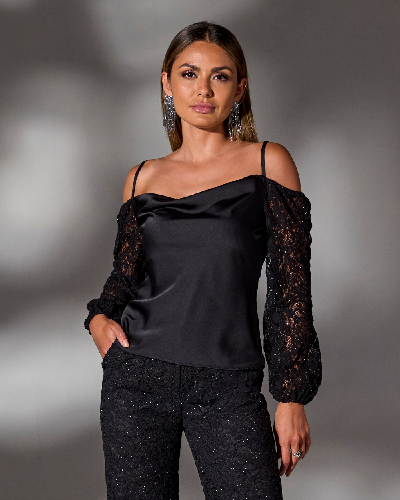 Cold Shoulder Lace Balloon Sleeve Black