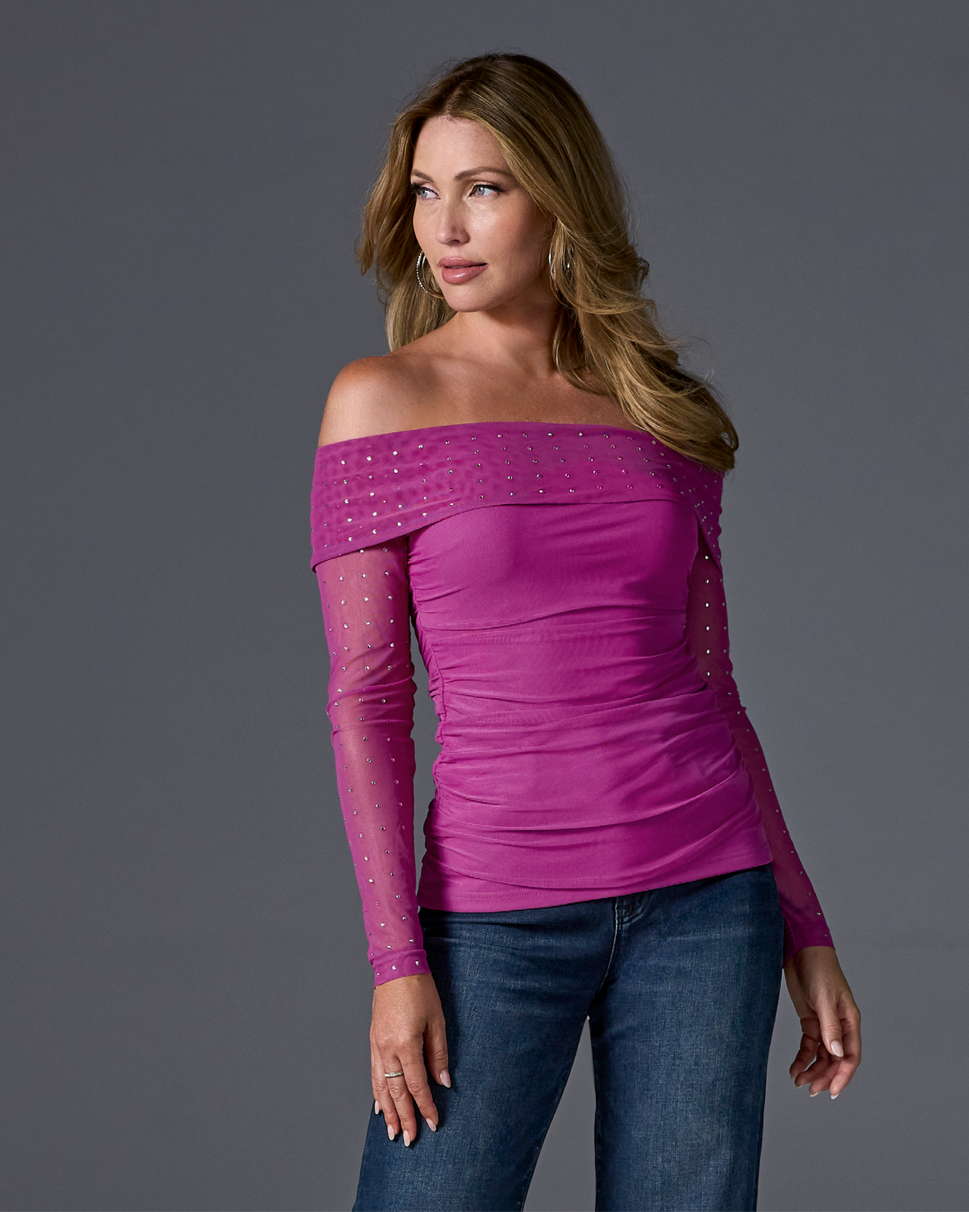Rhinestone Mesh Ruched Off the Shoulder Knit Top Fuchsia
