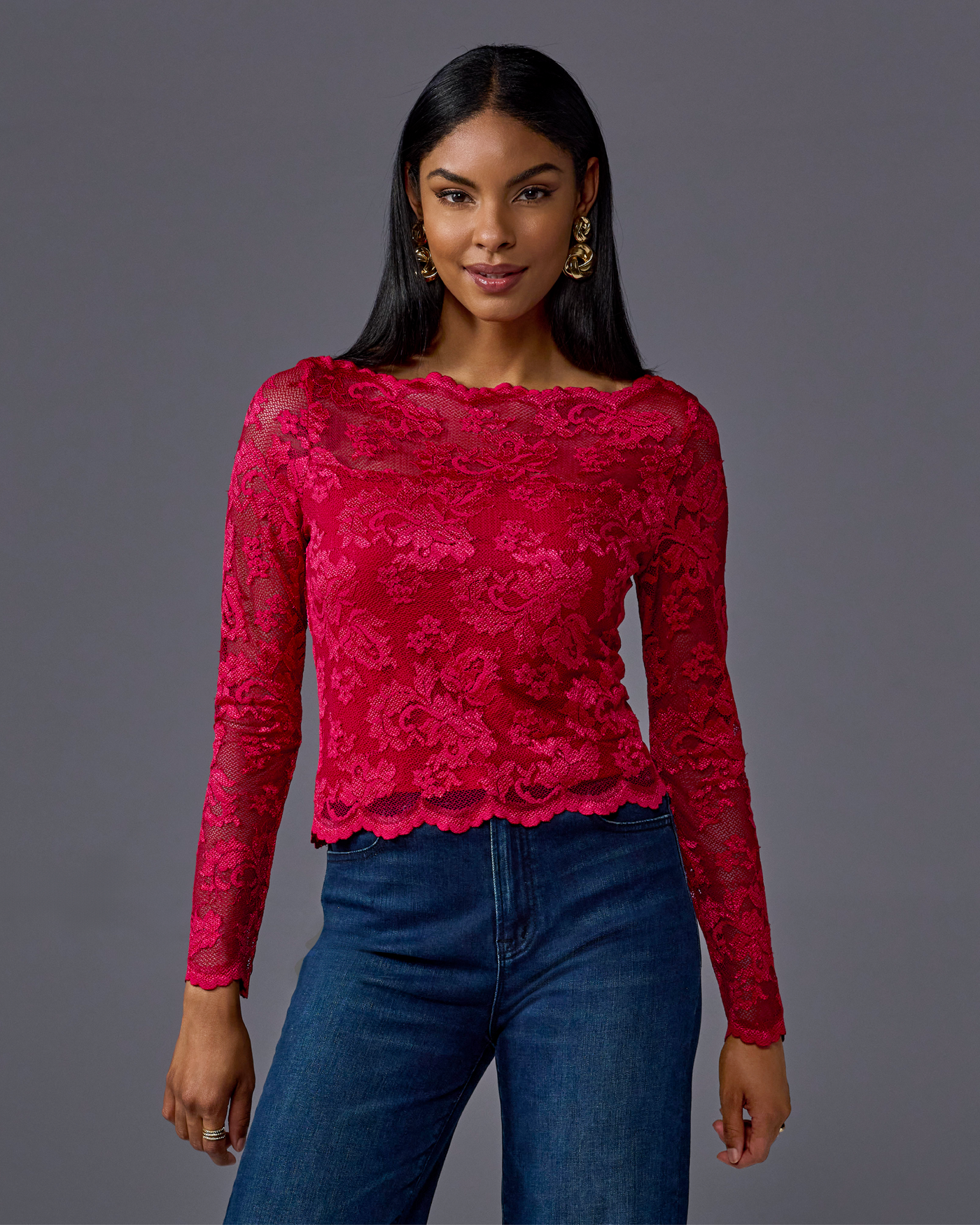 Lace Shoulder Skimming Knit Top Red