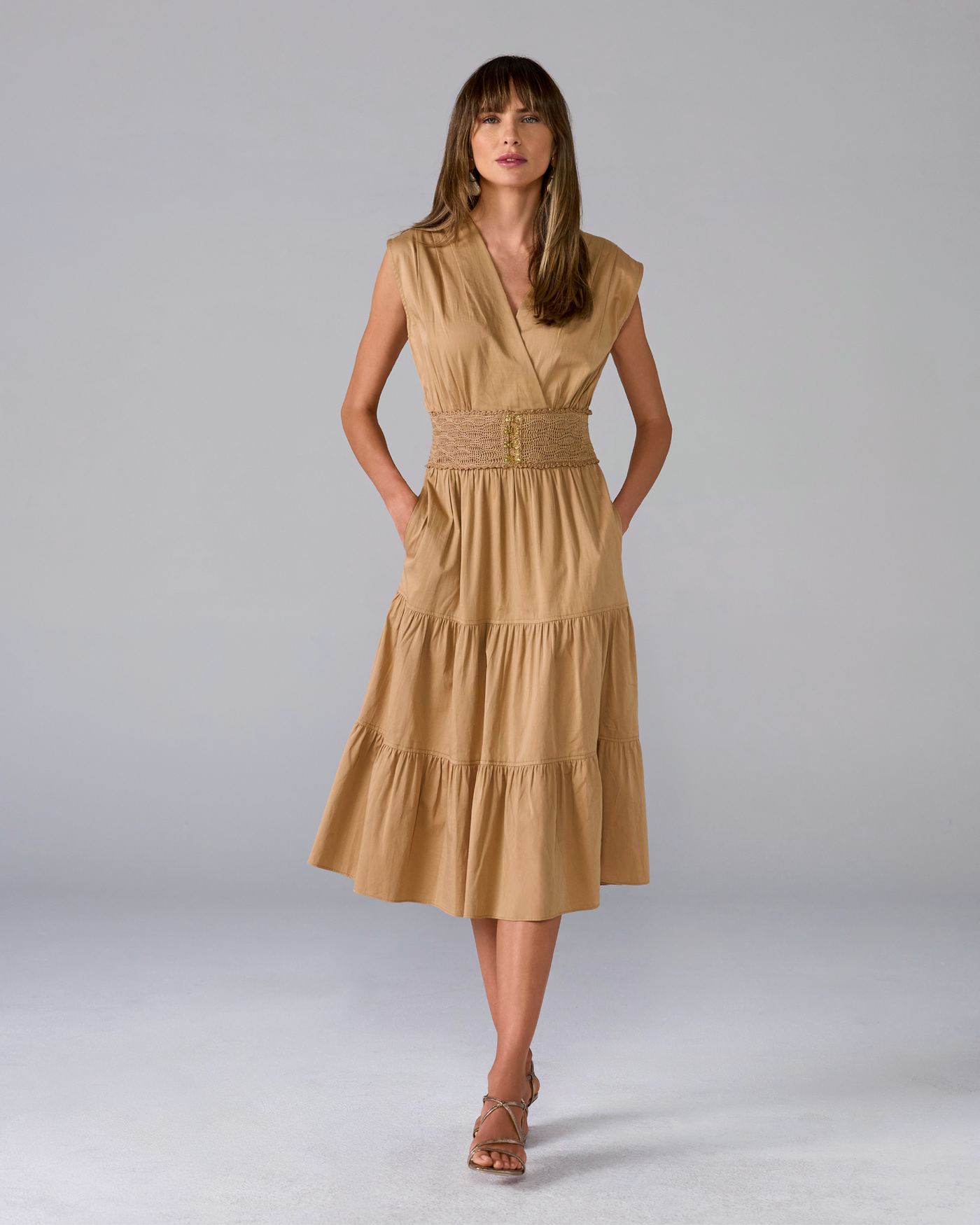 Crochet Trim Poplin Tiered Midi Dress Iced Coffee