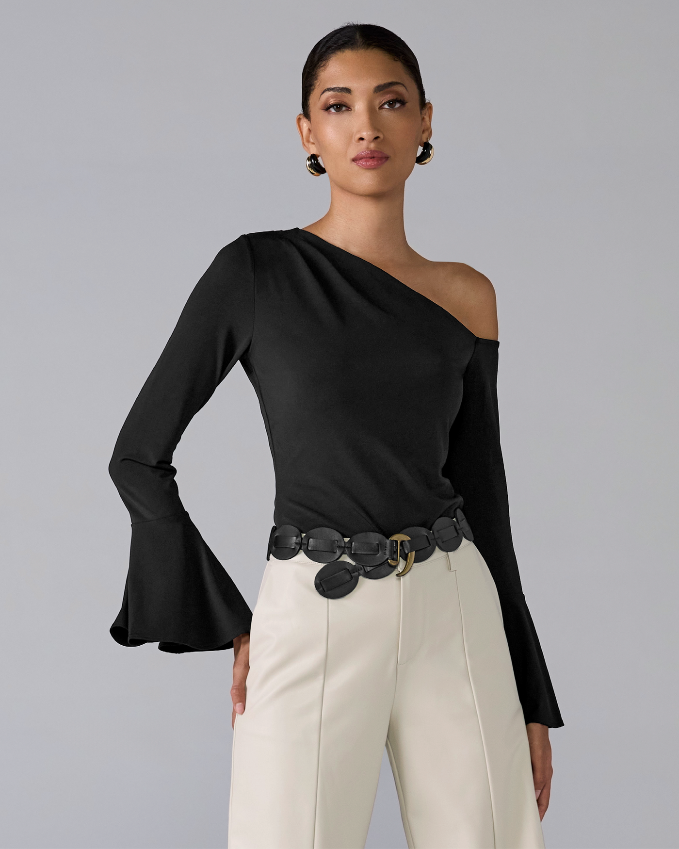 One Shoulder Draped Knit Top Black