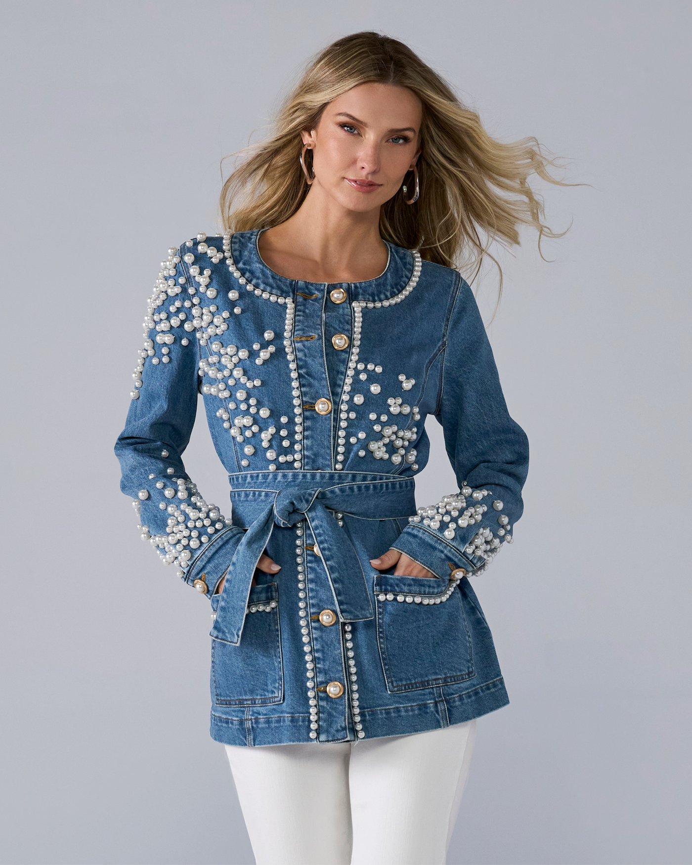 Pearl Embellished Denim Tie-Waist Jacket Medium Wash Denim