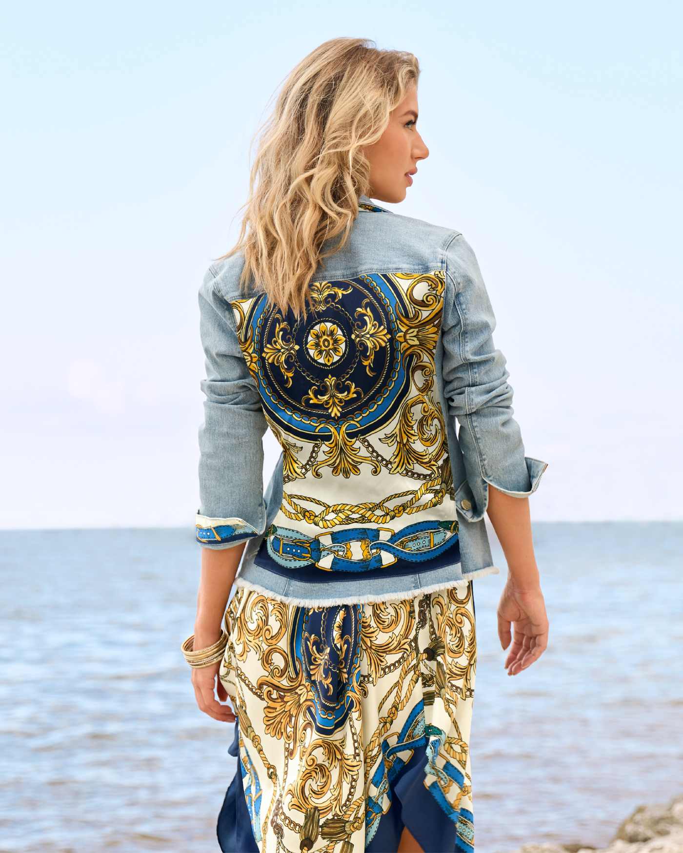 Scarf Printed Denim Jacket Light Wash