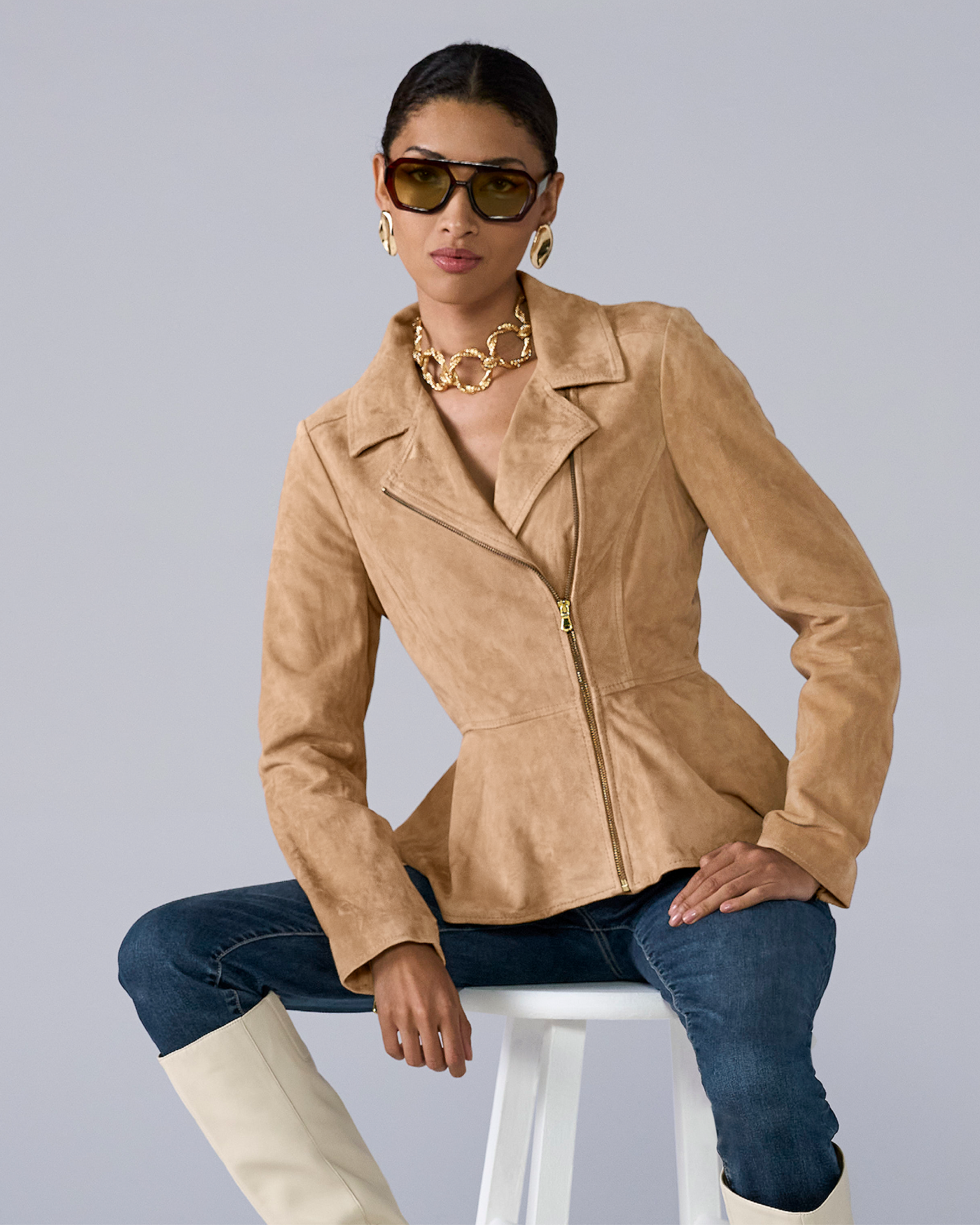 Genuine Suede Peplum Jacket Tan