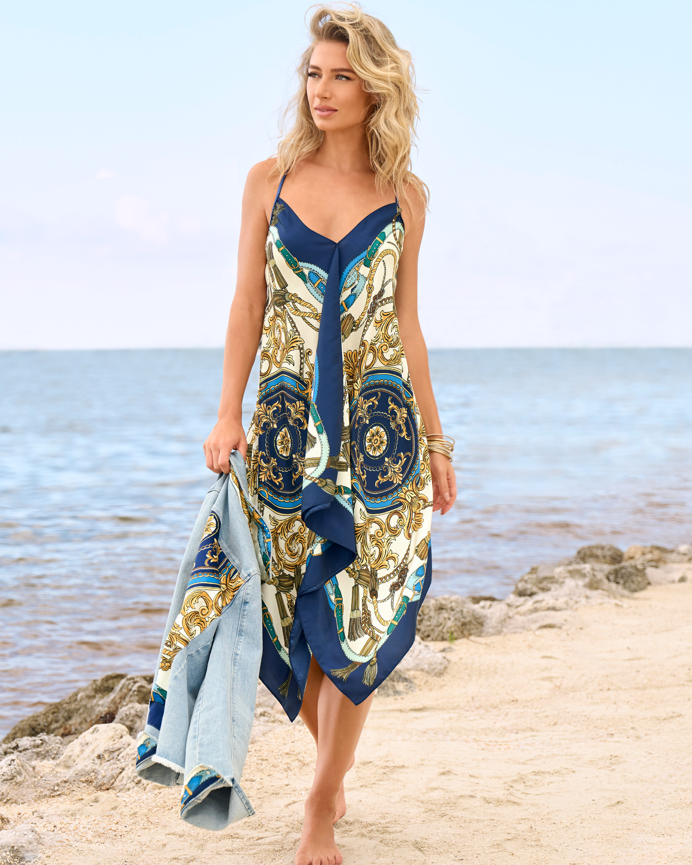 Print Handkerchief Hem Dress Into The Blue