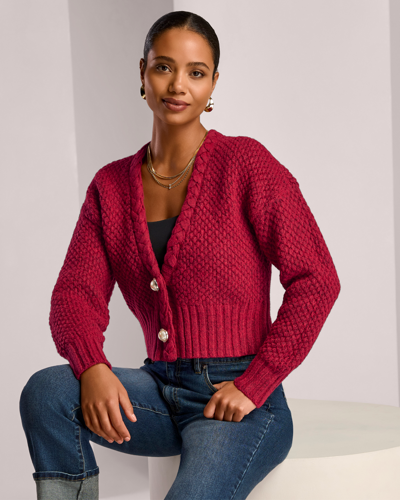 Textured Braid Detail Cardigan Americana Red