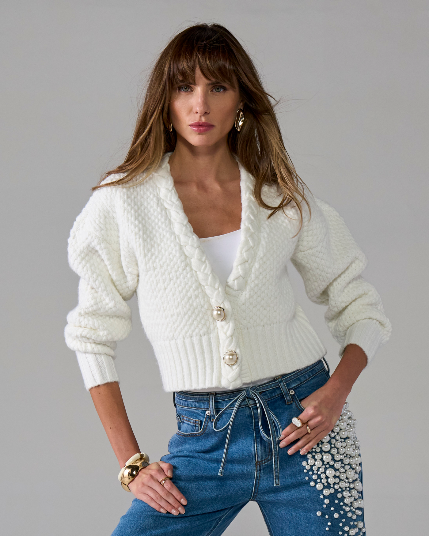 Textured Braid Detail Cardigan Off White