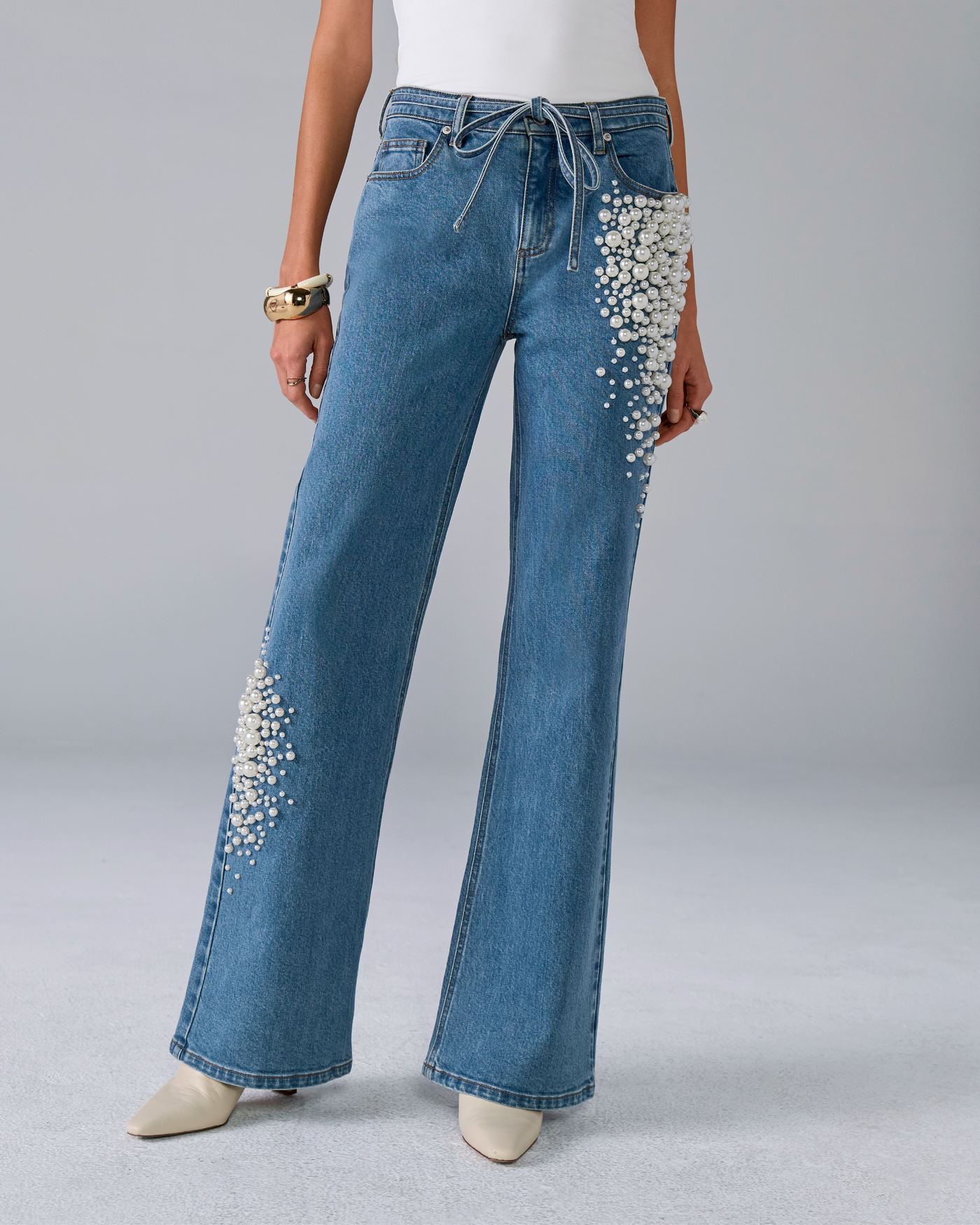 Pearl Embellished Wide Leg Jean Medium Wash