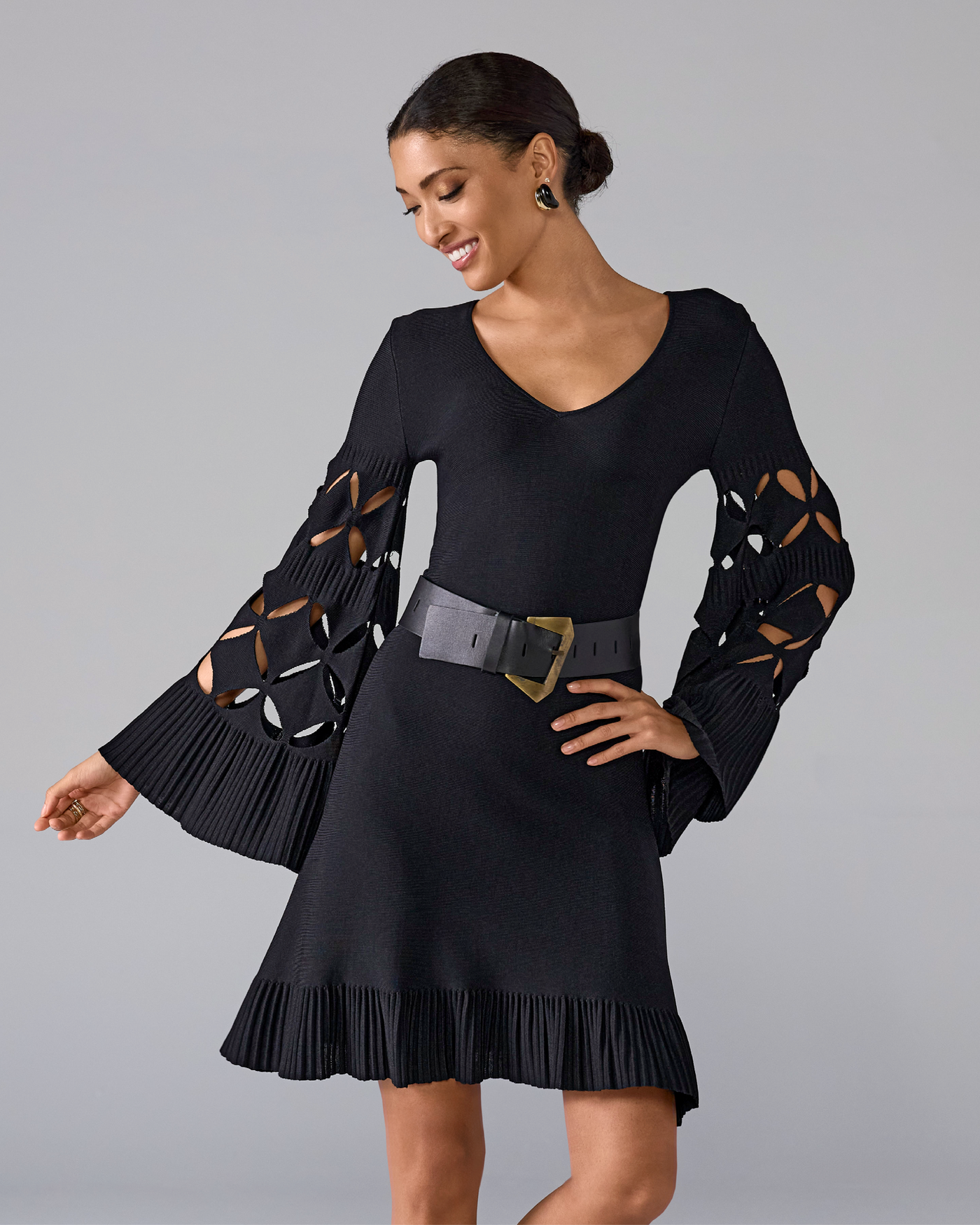 Laser Cut Milano Stitch Fit and Flare Dress Black