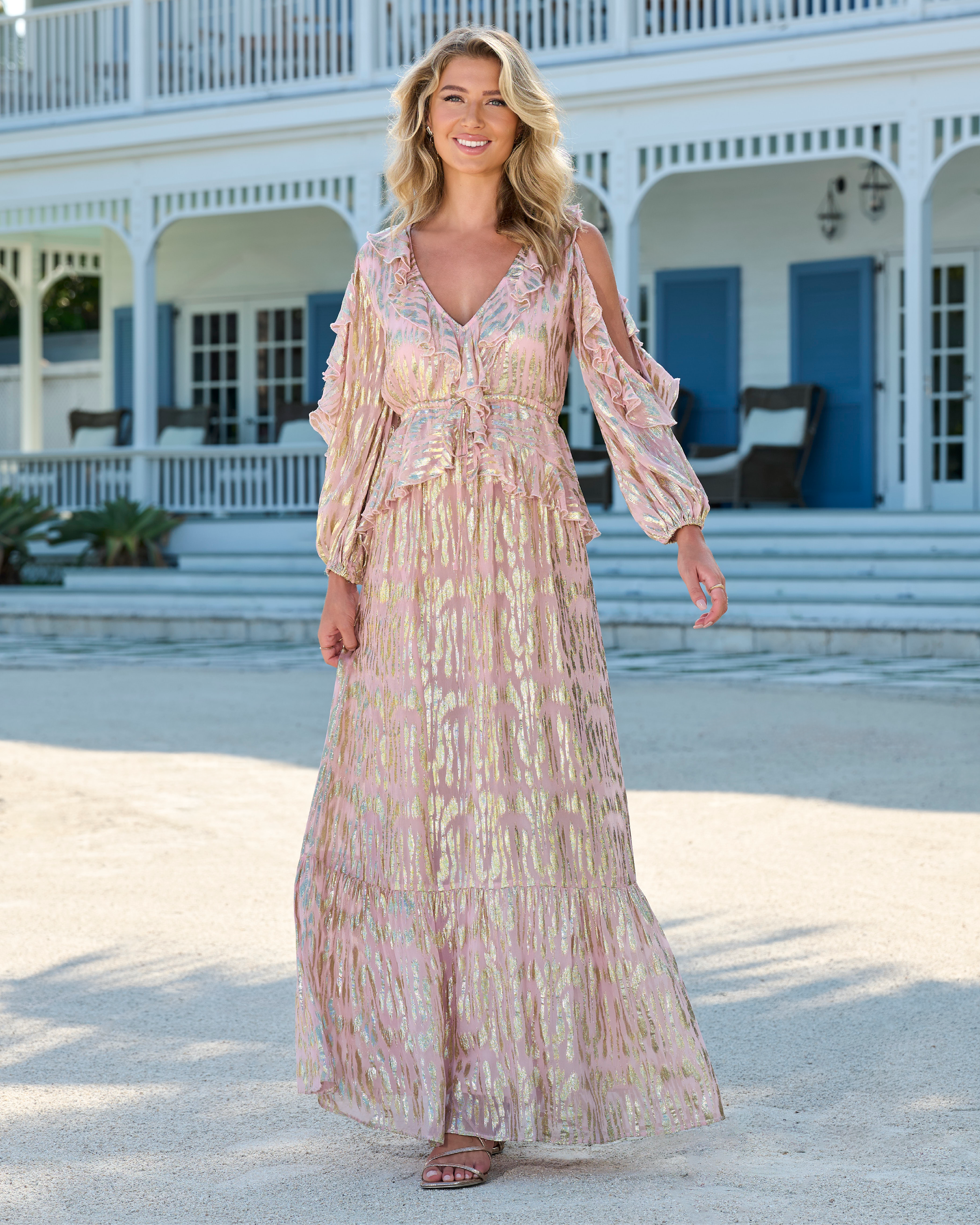 Boston Proper – Coral Blush Pink – Ruffled Dress with Patterned Lurex Fabric –