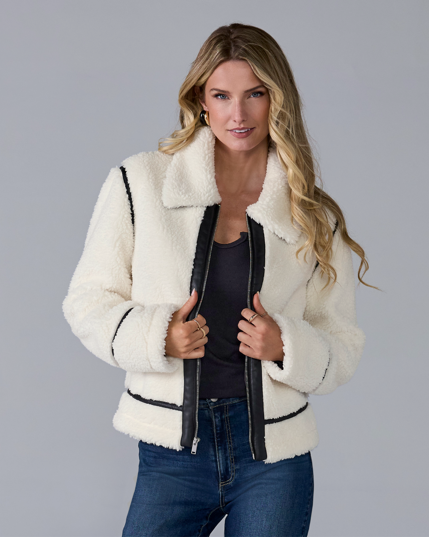 Faux Leather Trim Sherpa Coat Off White