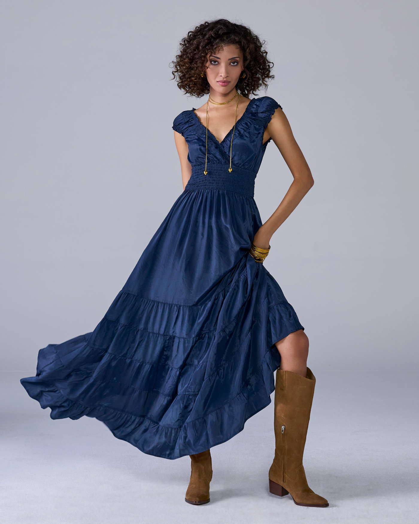 Woven Boho Tiered Dress Navy