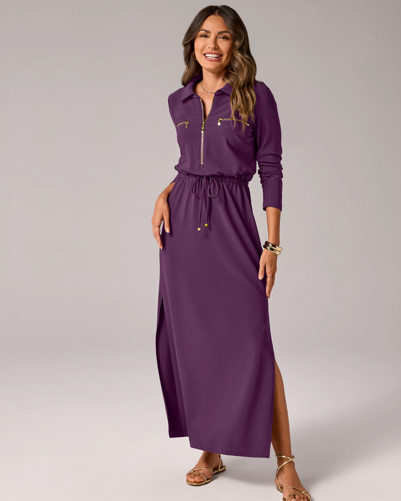 Beyond Travel Ruched Sleeve Maxi Dress Blackberry Wine